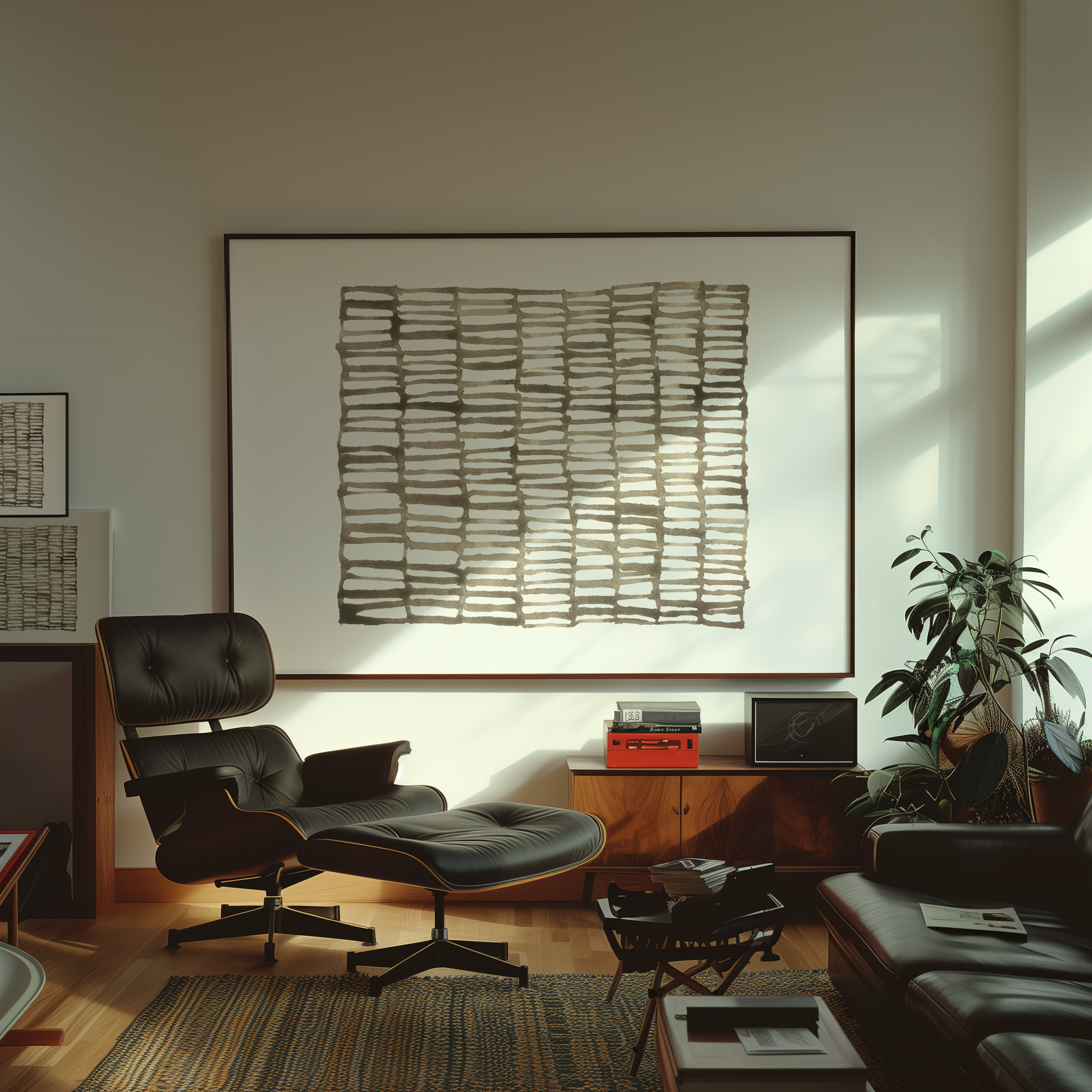 יצירת אמנות מינימליסטית אלטינס – דפוס גיאומטרי מופשט בגווני שחור וחום במסגרת עץ, תלוי על קיר בהיר.