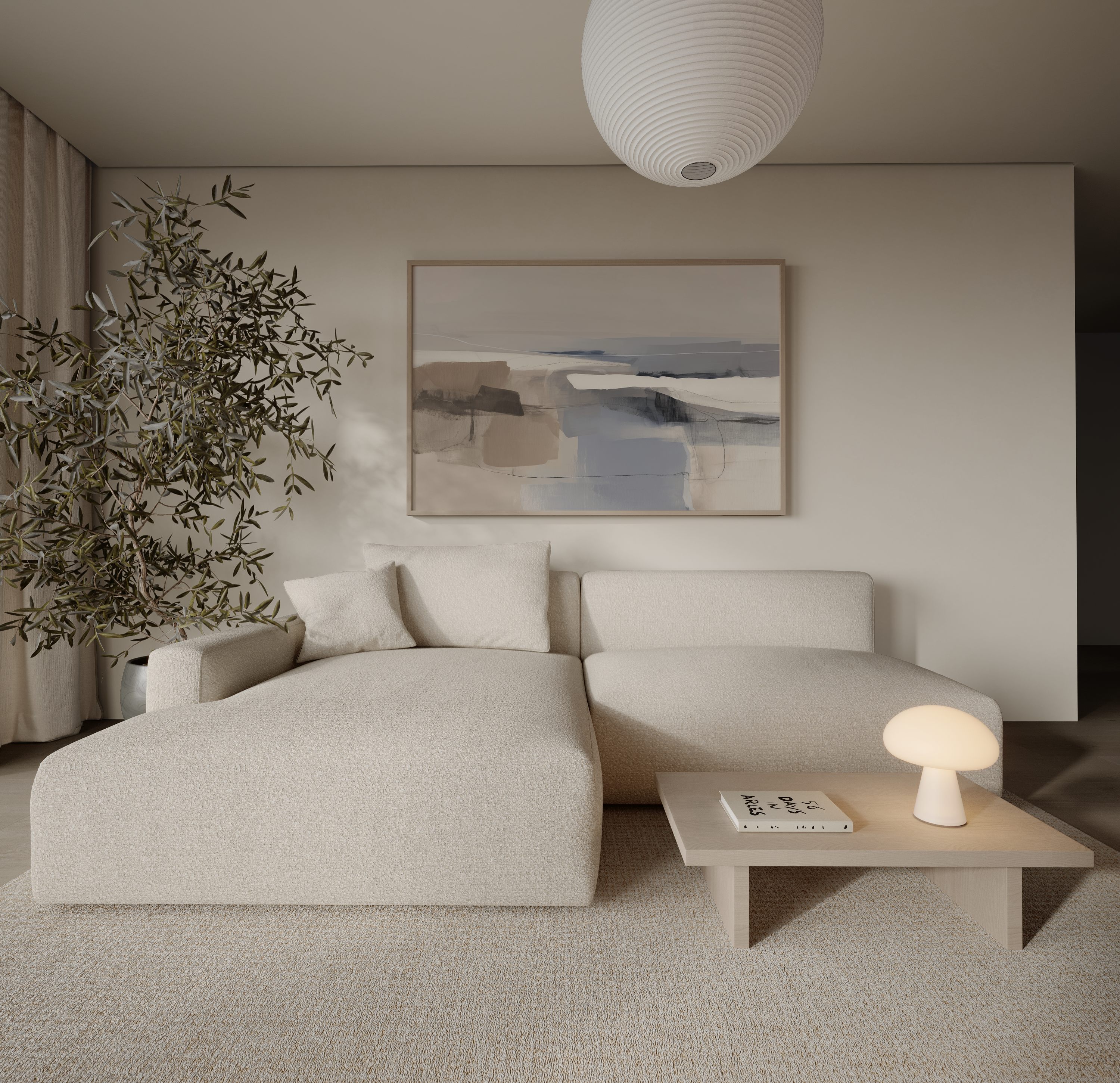 תמונה מופשטת בצבעי חמרה, חול ותכלת במסגרת עץ, תלויה בסלון מודרני מואר