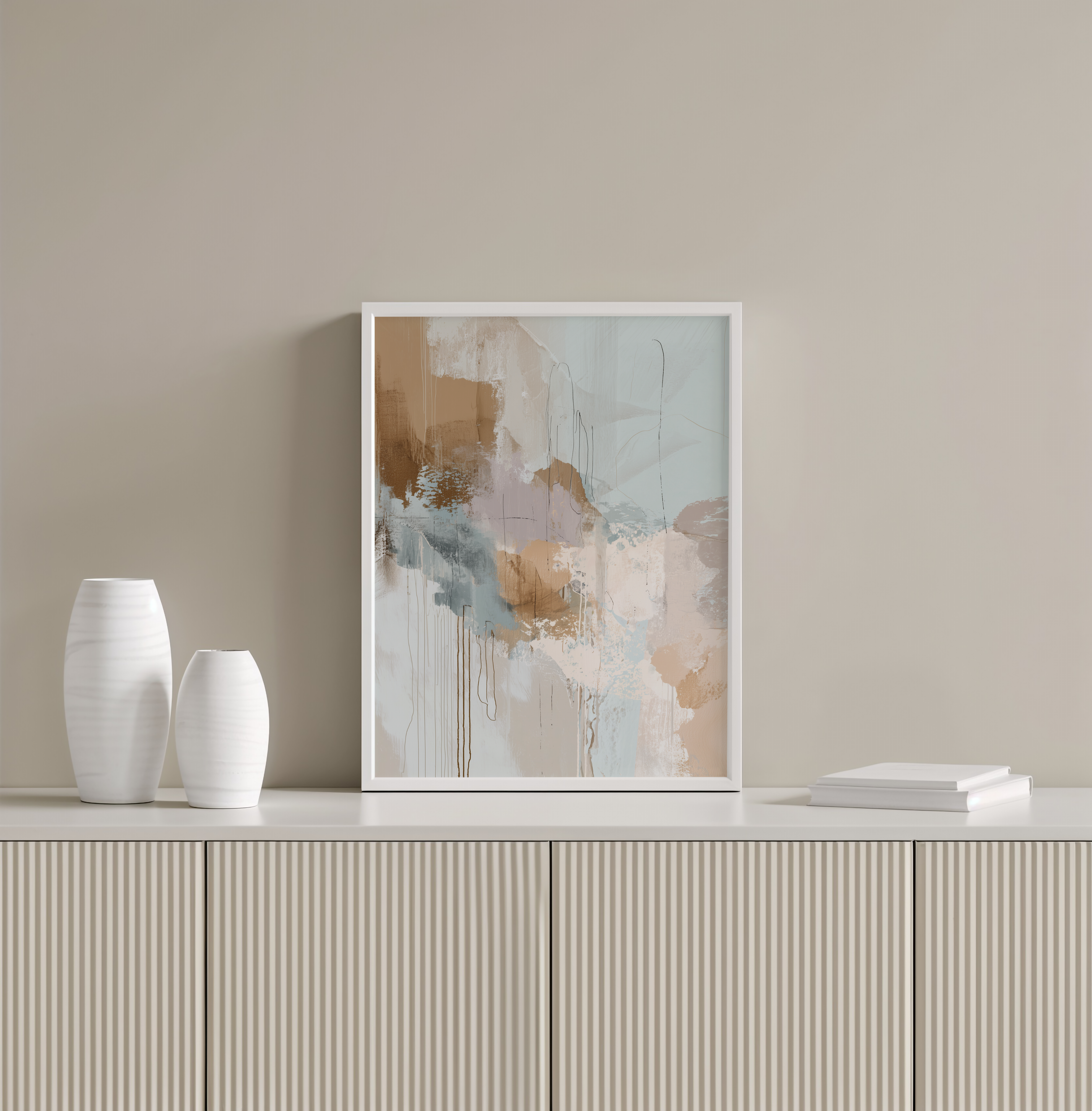 יצירה אבסטרקטית ממוסגרת בגווני תכלת, חמרה וורדרד – דגם אלוריה