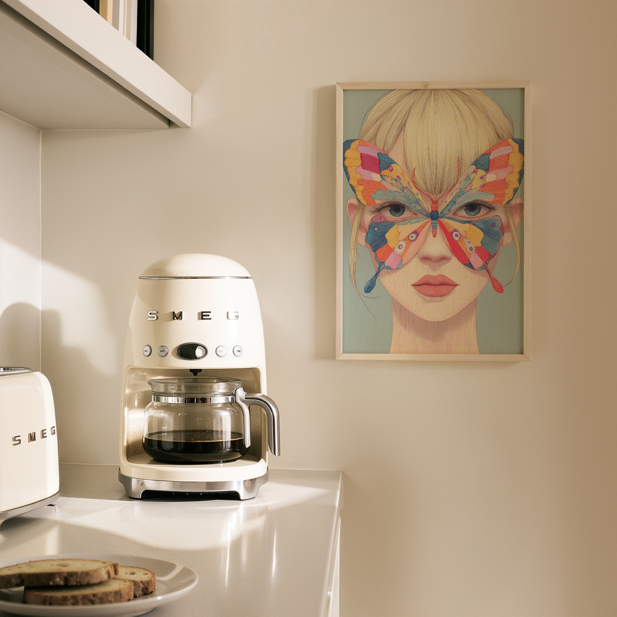 יצירת קיר Ravelle עם דמות נשית ופרפר צבעוני עשיר בפרטים בגוונים חיים