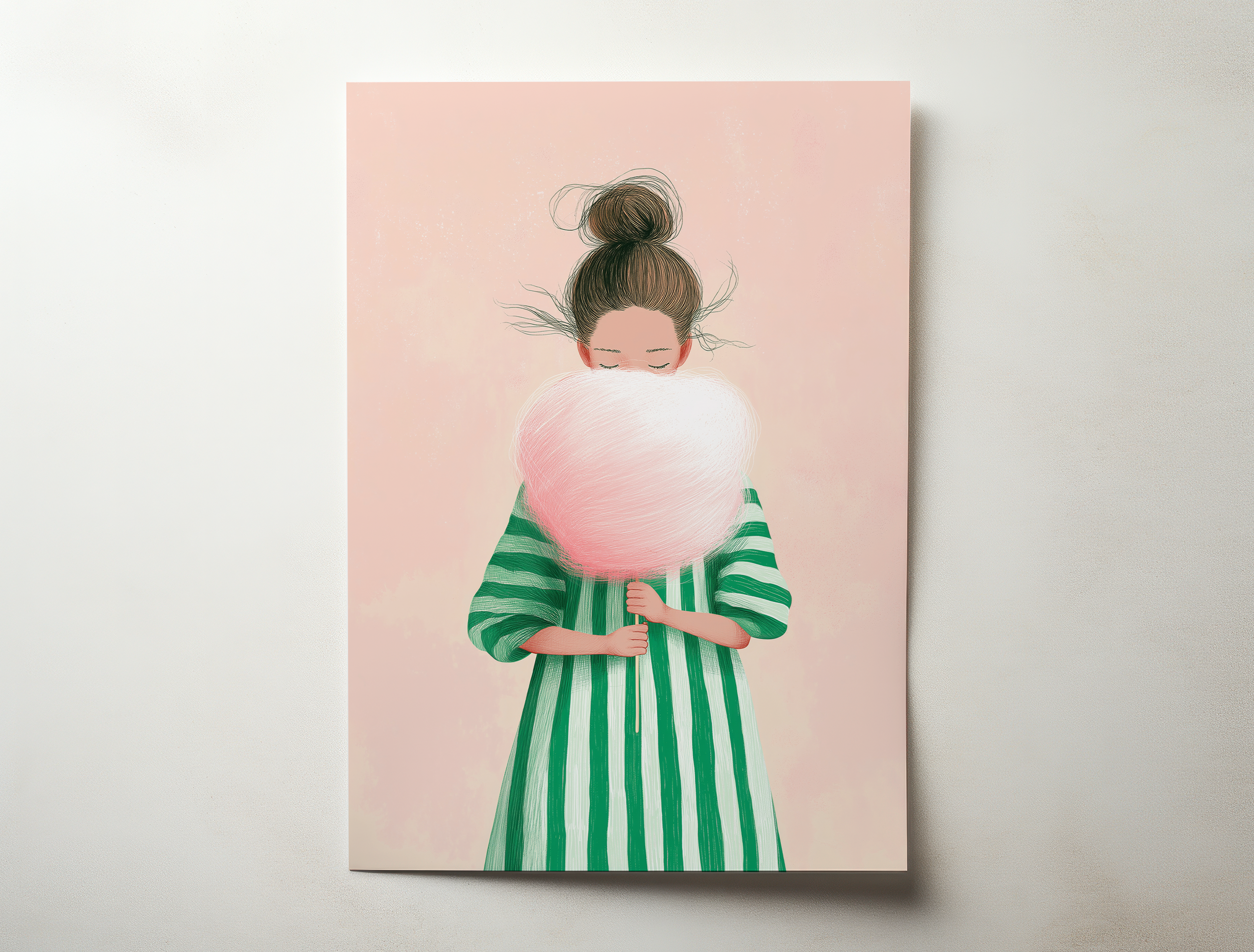 איור אמנותי של ילדה אוחזת בצמר גפן מתוק בגוונים רכים, הדפס אמנותי מודרני בסגנון עדין טראוזי וטוש