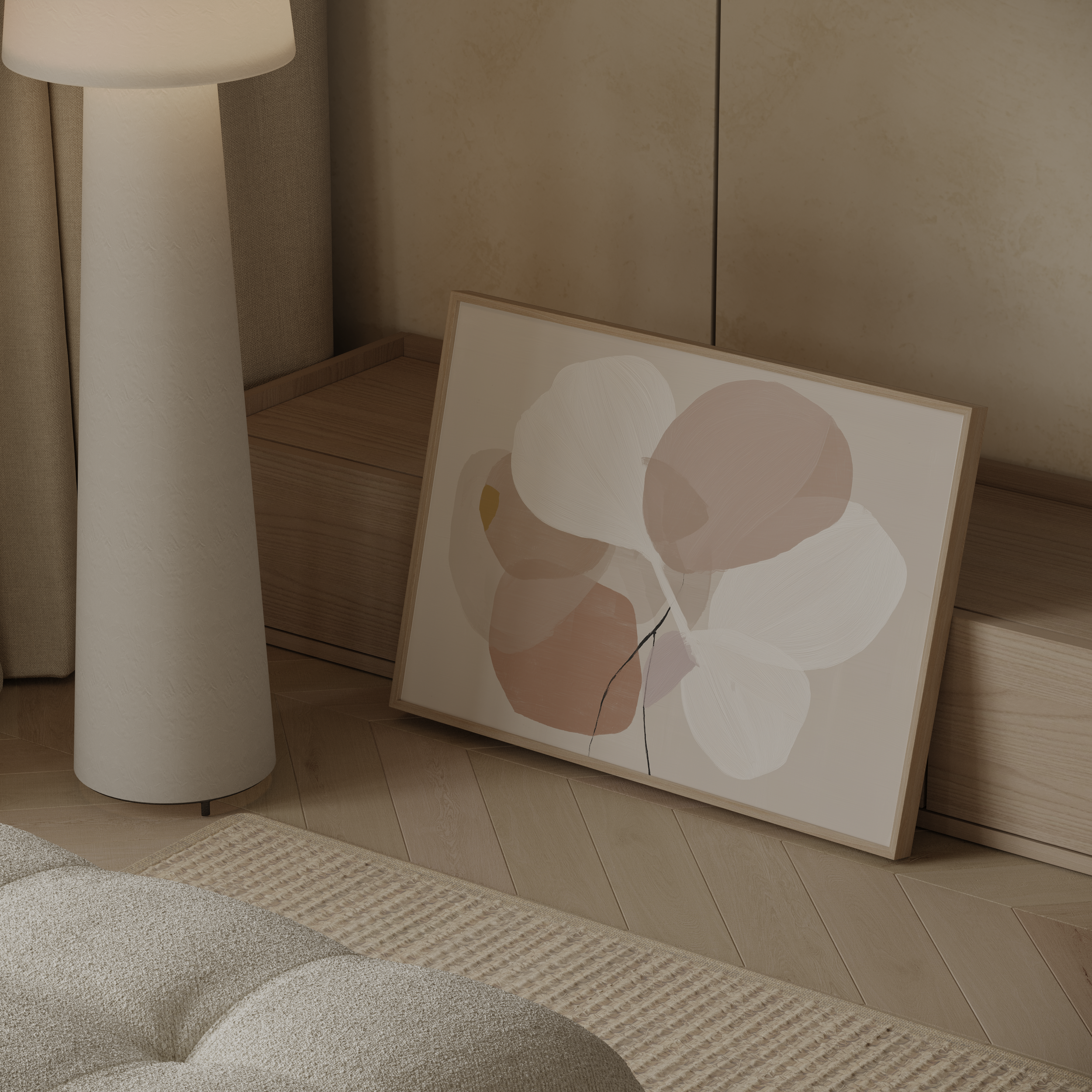 יצירת אמנות מינימליסטית עם צורות אורגניות בגווני בז’ ולבן במסגרת עץ