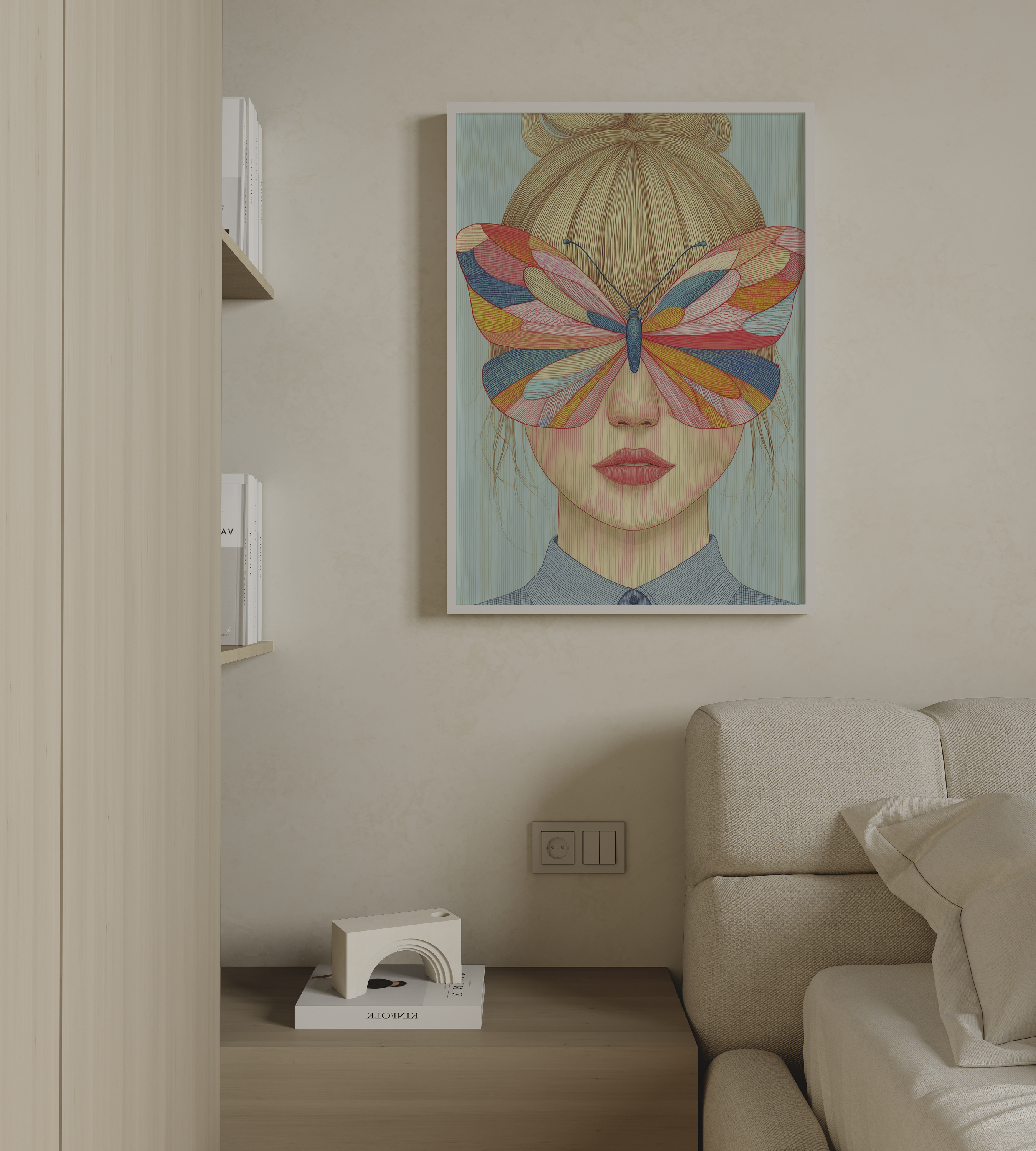 יצירת קיר Caly עם דמות נשית ופרפר צבעוני בגוונים רכים של ורוד תכלת וכתום