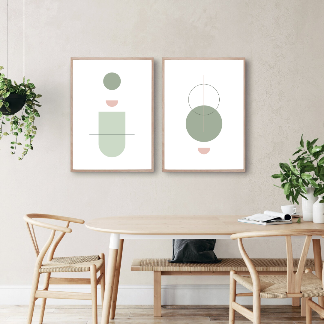 תמונות גאומטריות מינימליסטיות בגוונים ירוק וורוד עם קווים נקיים ועיצוב מודרני.