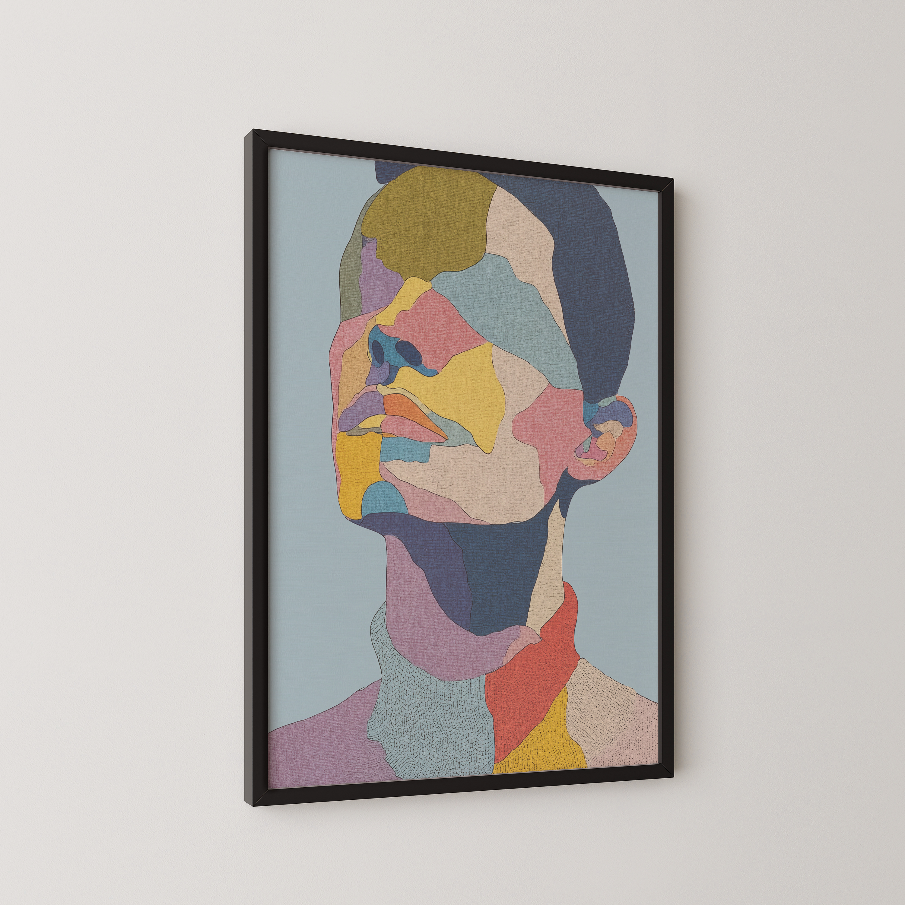 יצירה ממוסגרת Vérin בצבעים מופשטים על רקע תכלת – Trausi+Tosh