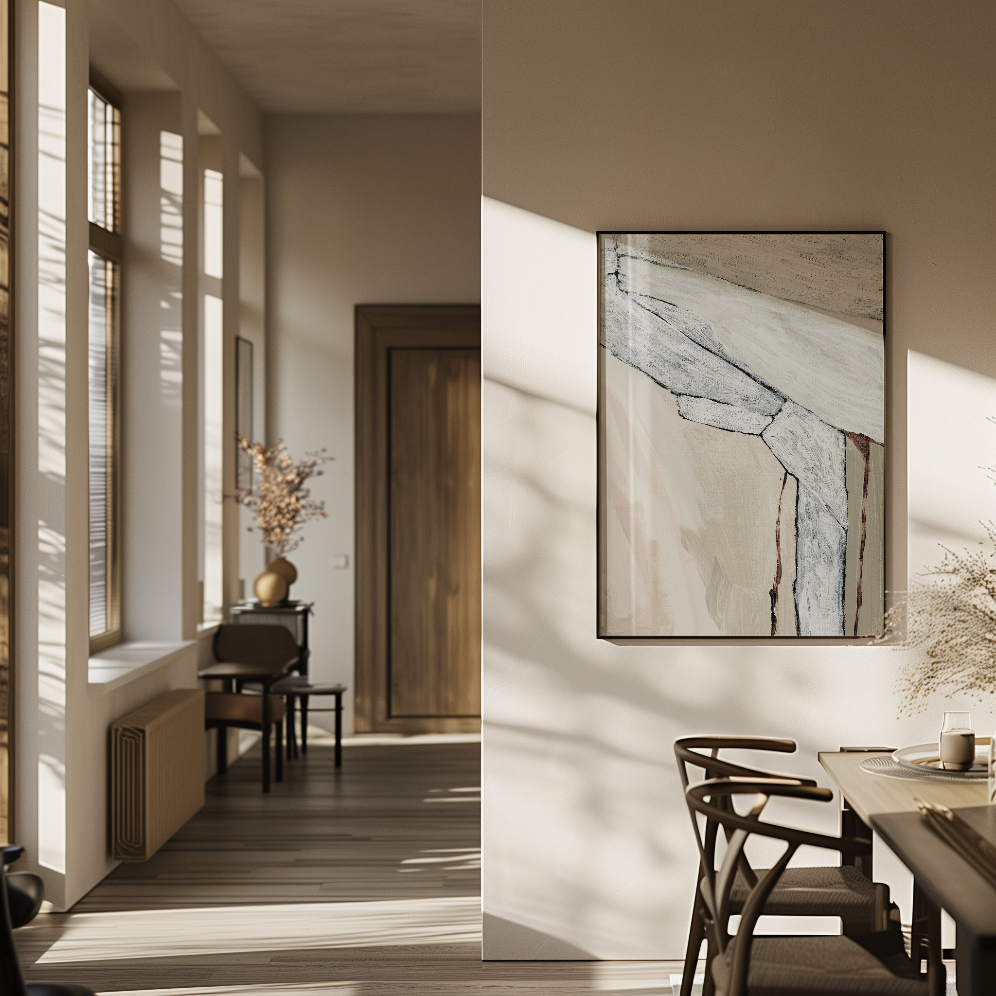 יצירה אבסטרקטית בגוונים טבעיים של חול, שמנת ואפור עם משיכות מכחול טקסטורליות במסגרת עץ.