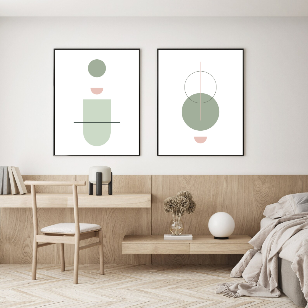 תמונות גאומטריות מינימליסטיות בגוונים ירוק וורוד עם קווים נקיים ועיצוב מודרני.