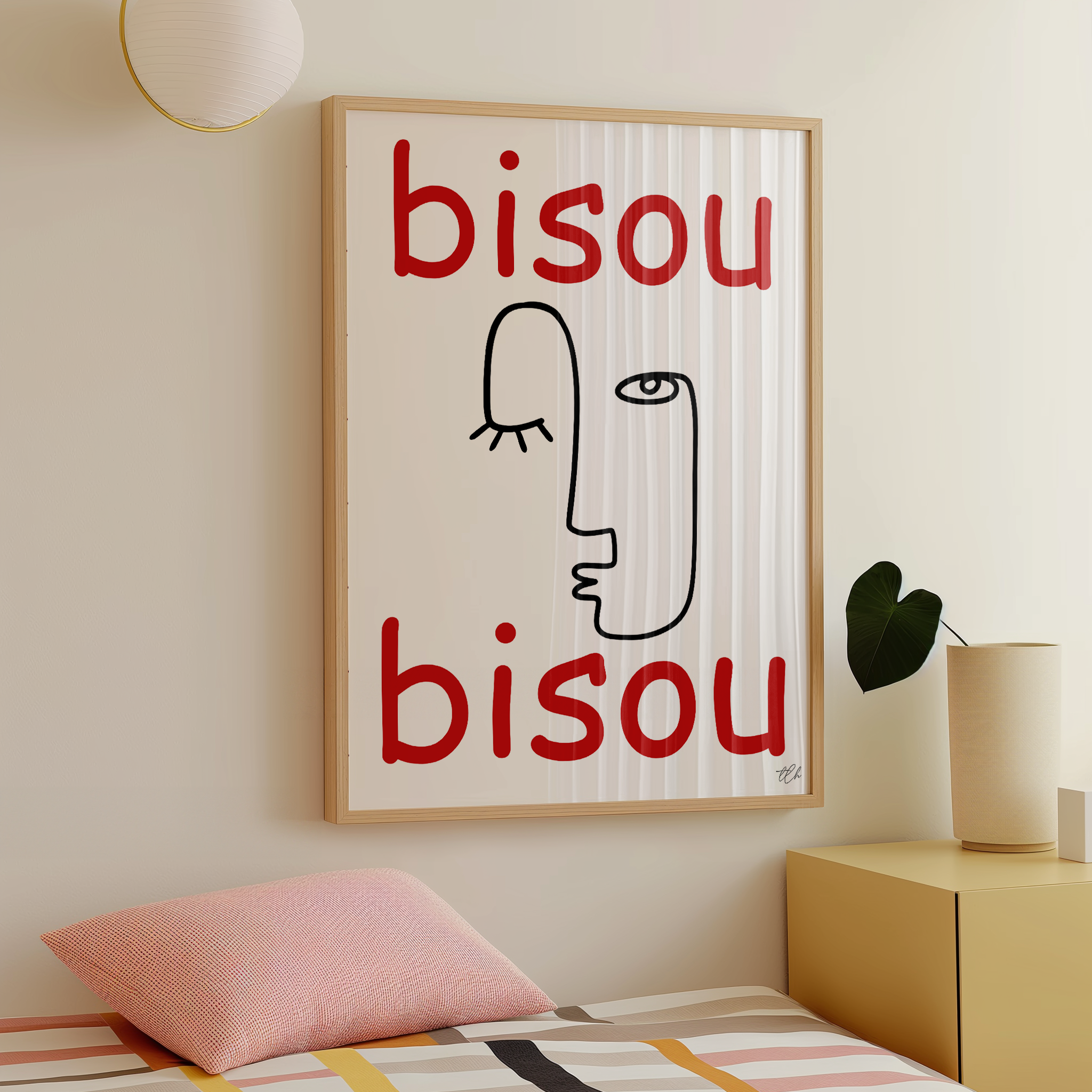 פוסטר אמנותי "Bisou Bisou" – איור קווי מופשט בשחור עם טיפוגרפיה אדומה, עיצוב מינימליסטי מאת The Left Handed.
