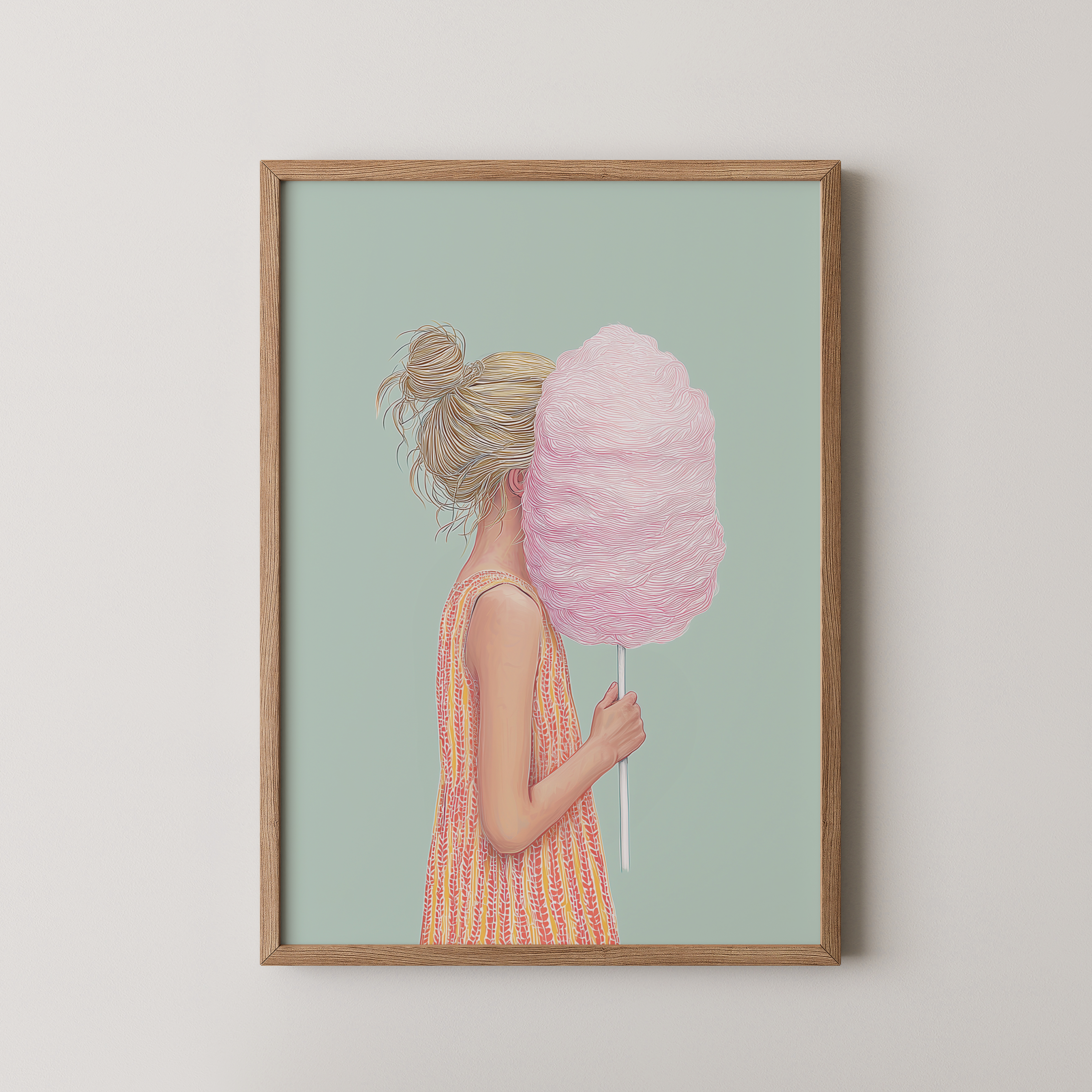 יצירת אמנות Candise – ילדה עם צמר גפן מתוק בצבע ורוד על רקע ירקרק, סגנון מודרני רך.