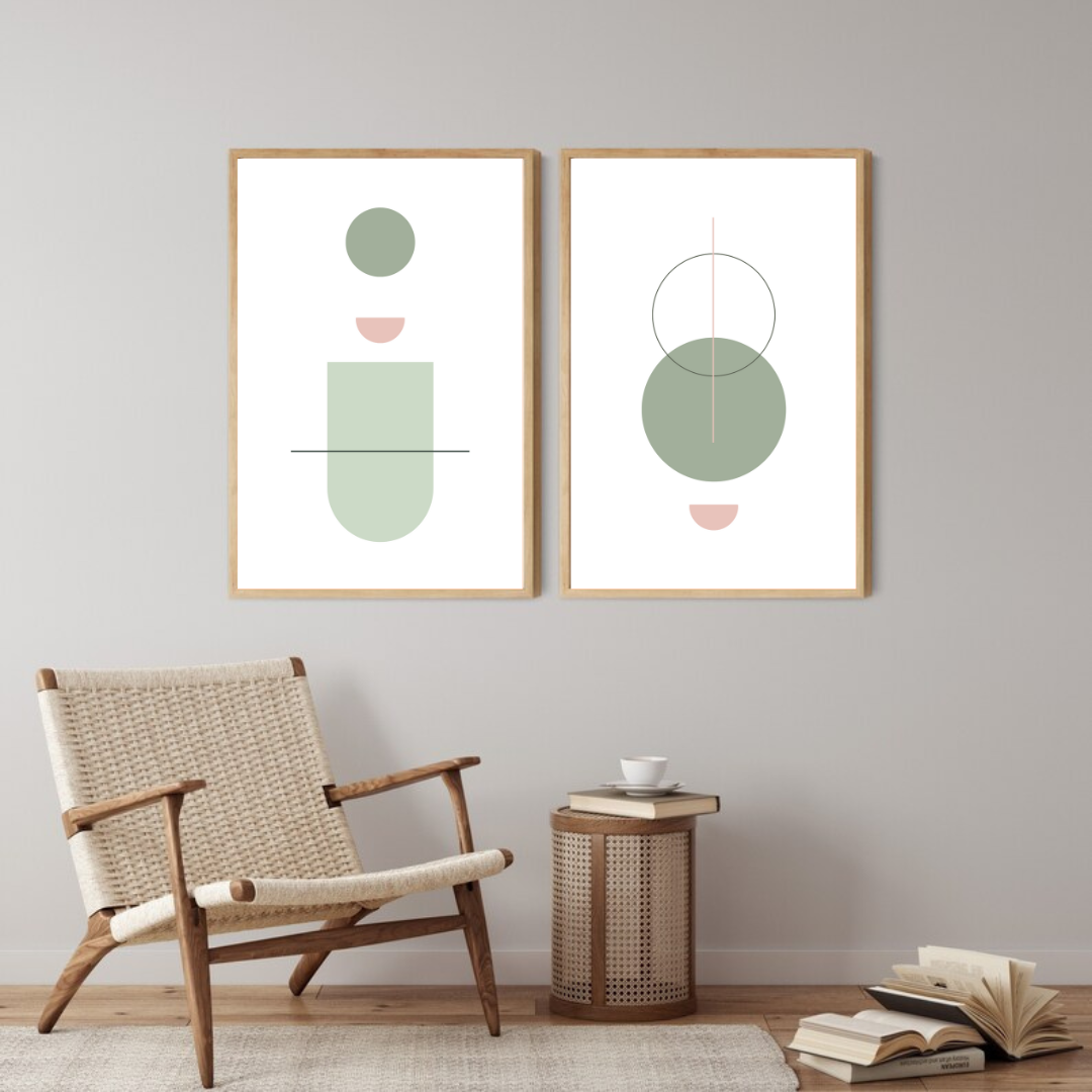 תמונות גאומטריות מינימליסטיות בגוונים ירוק וורוד עם קווים נקיים ועיצוב מודרני.