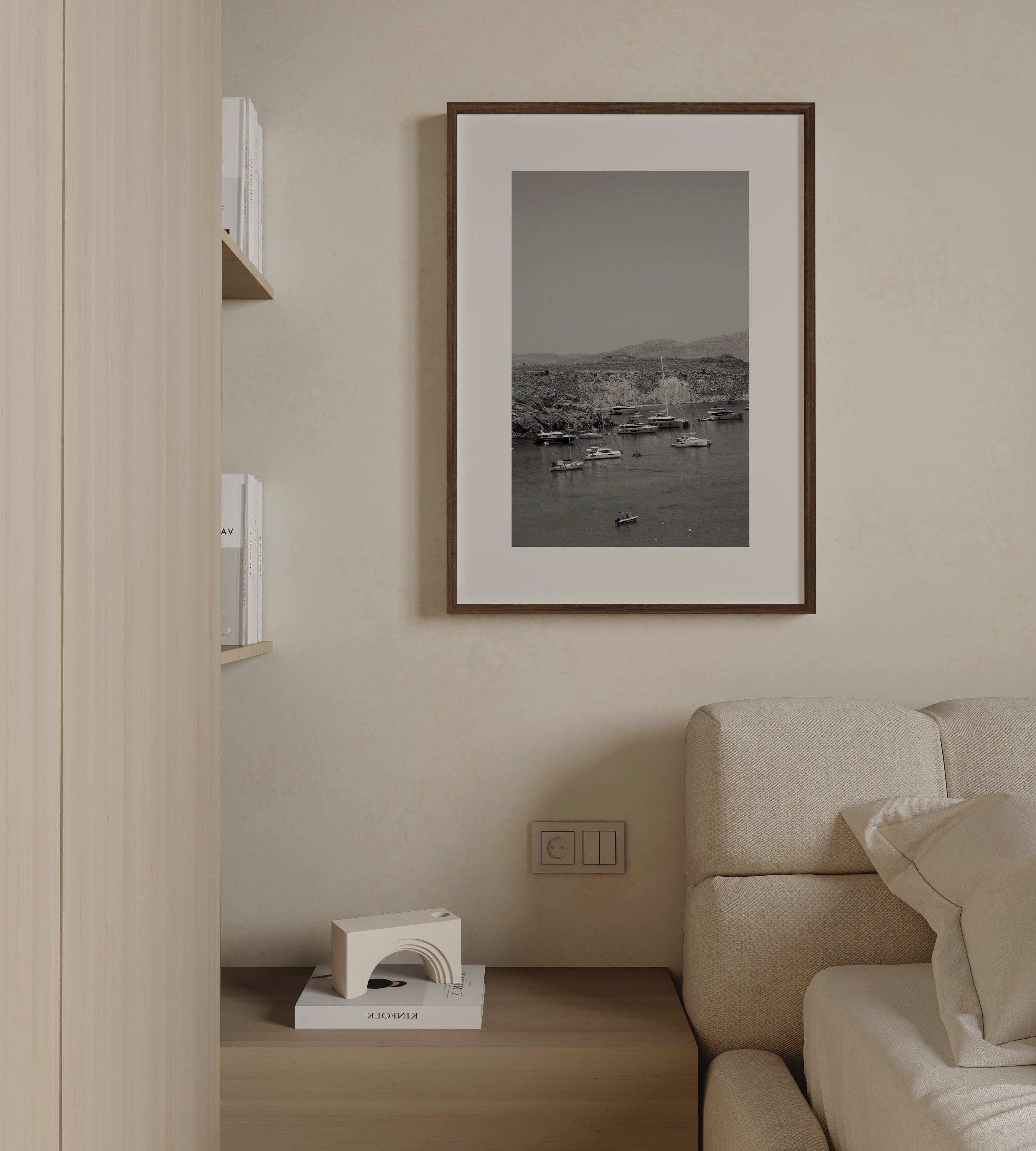 Quiet Harbor by Daniel Barlot – black and white Fine Art photograph of sailboats anchored in a peaceful Mediterranean harbor in Greece, framed in natural oak.