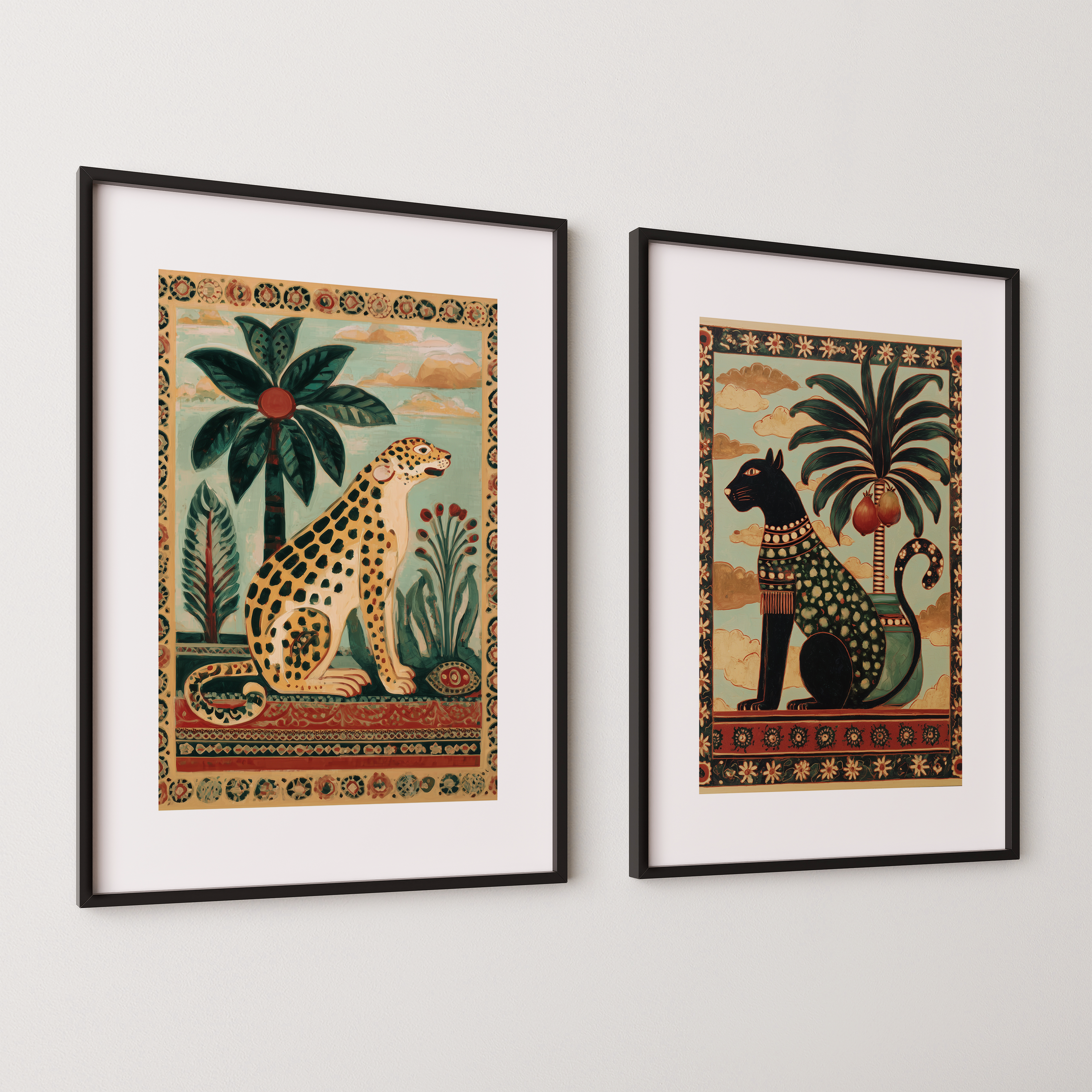 סט אמנות ממוסגר Selva Alta – חתול מצרי ופנתר טרופי עם צמחייה עשירה ודוגמאות אתניות.