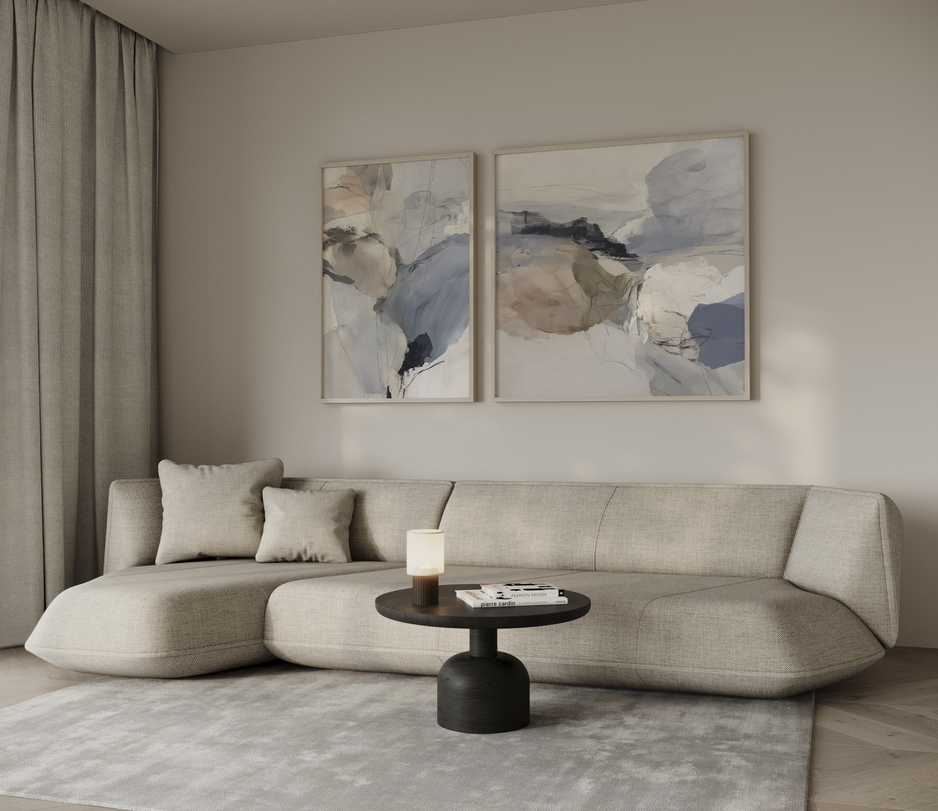 סט אמנות ממוסגרת בשם Lysaro – יצירה מופשטת בגווני כחול, חול וחום טבעי, תלויה בסלון מודרני.