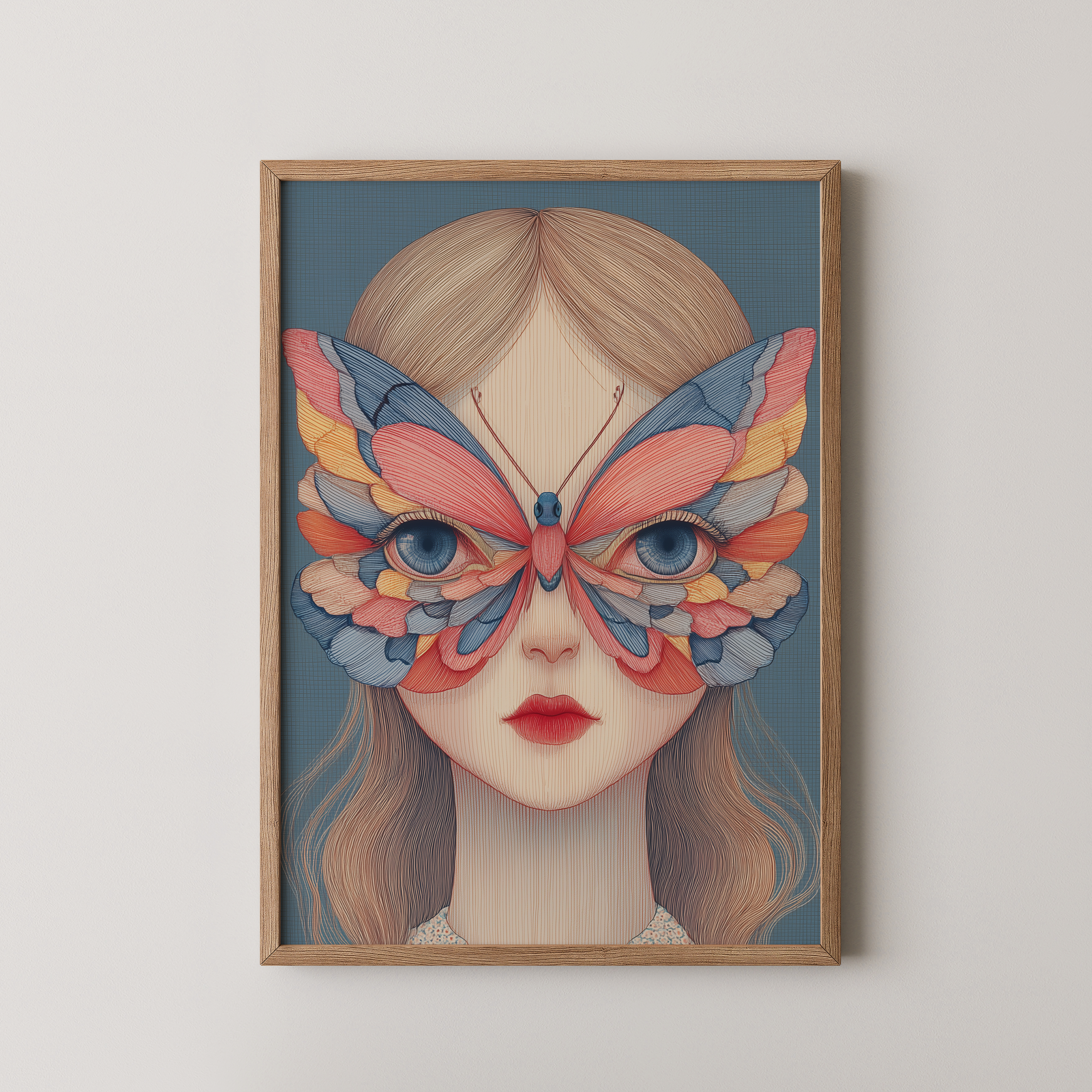 יצירת קיר Velinor עם דמות נשית ופרפר צבעוני על הפנים, בסגנון מודרני מאוזן