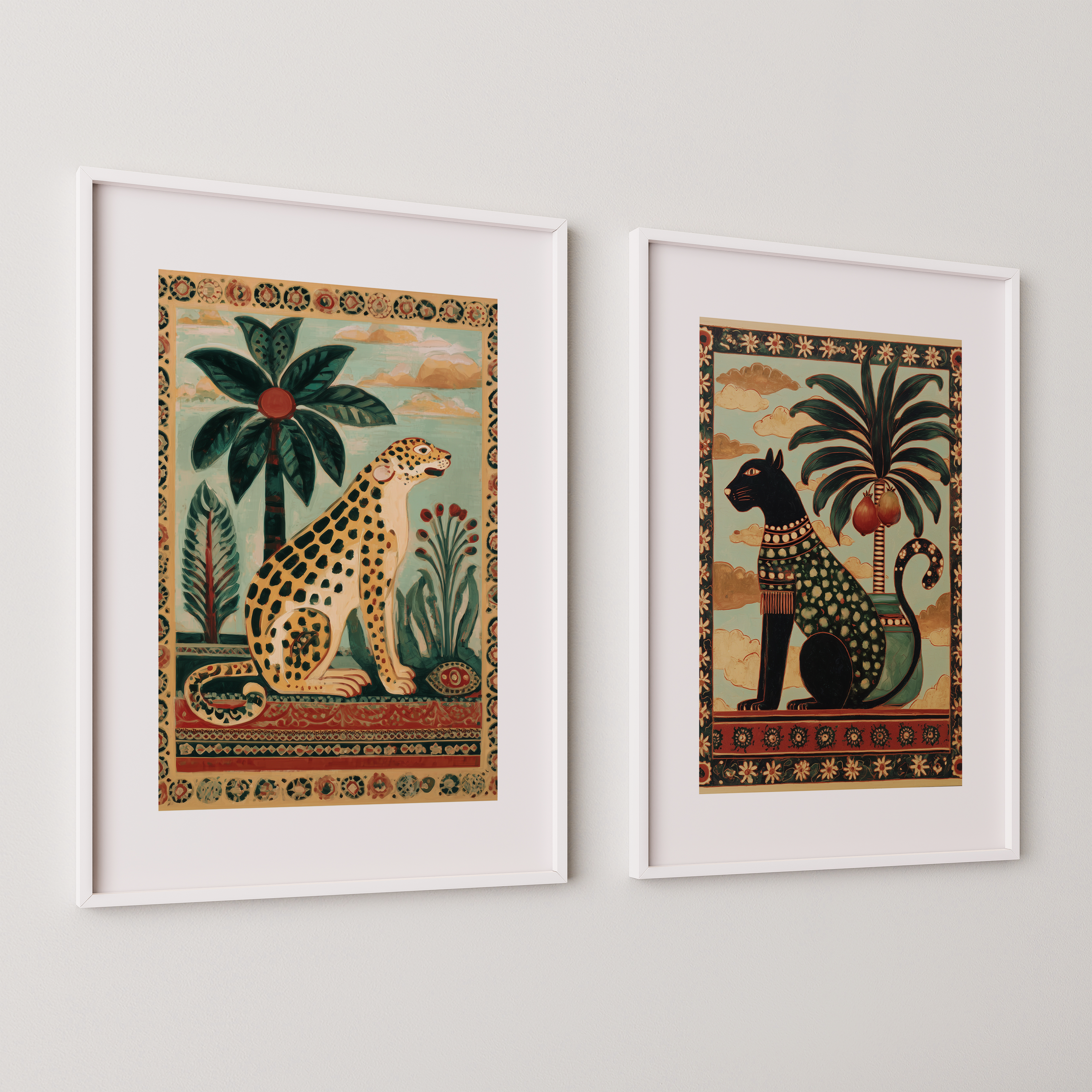 סט אמנות ממוסגר Selva Alta – חתול מצרי ופנתר טרופי עם צמחייה עשירה ודוגמאות אתניות.