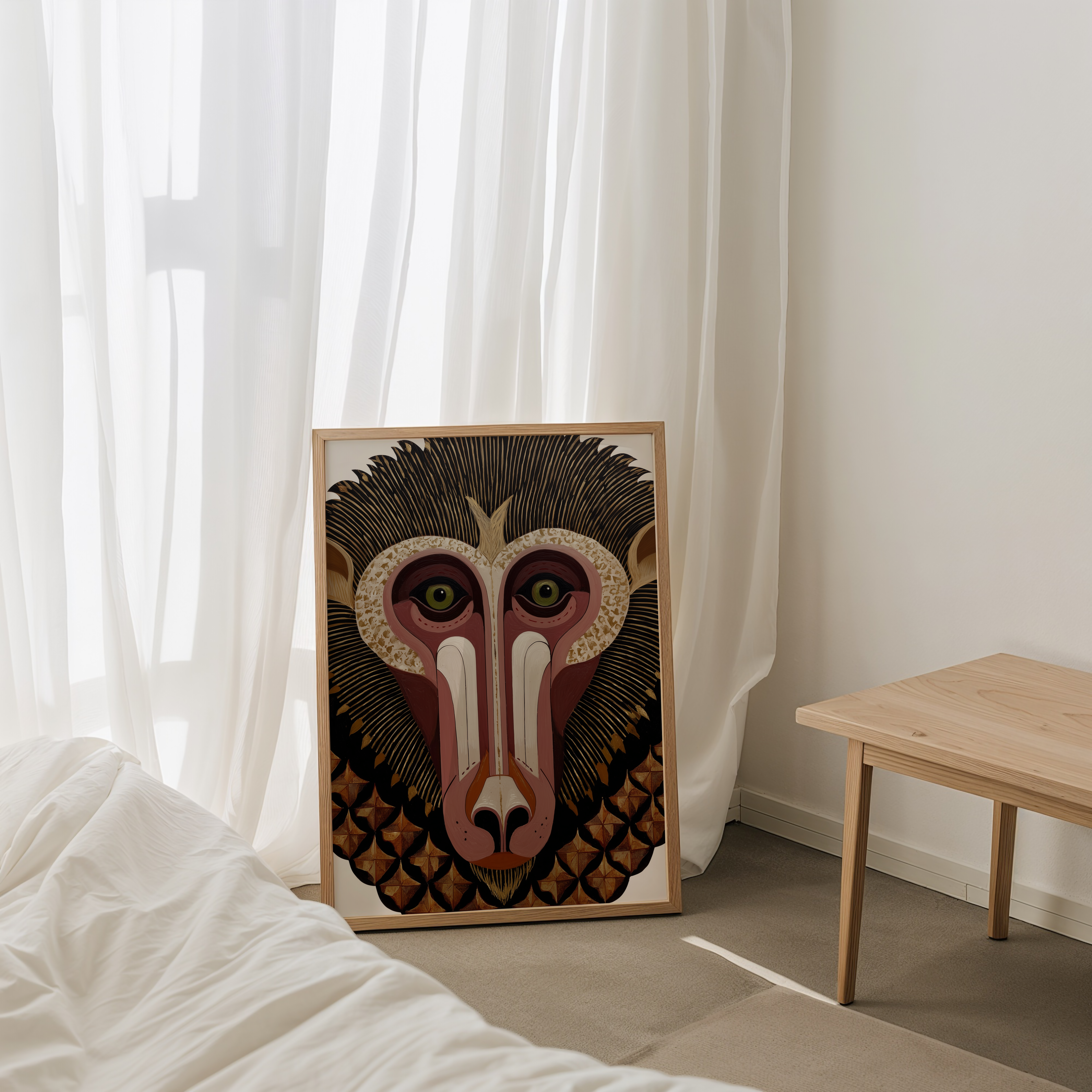 דיוקן גרפי של דמות חייתית בסגנון שבטי, בצבעי חום וזהב, מתוך סדרת Totemoro של Trausi+Tosh.