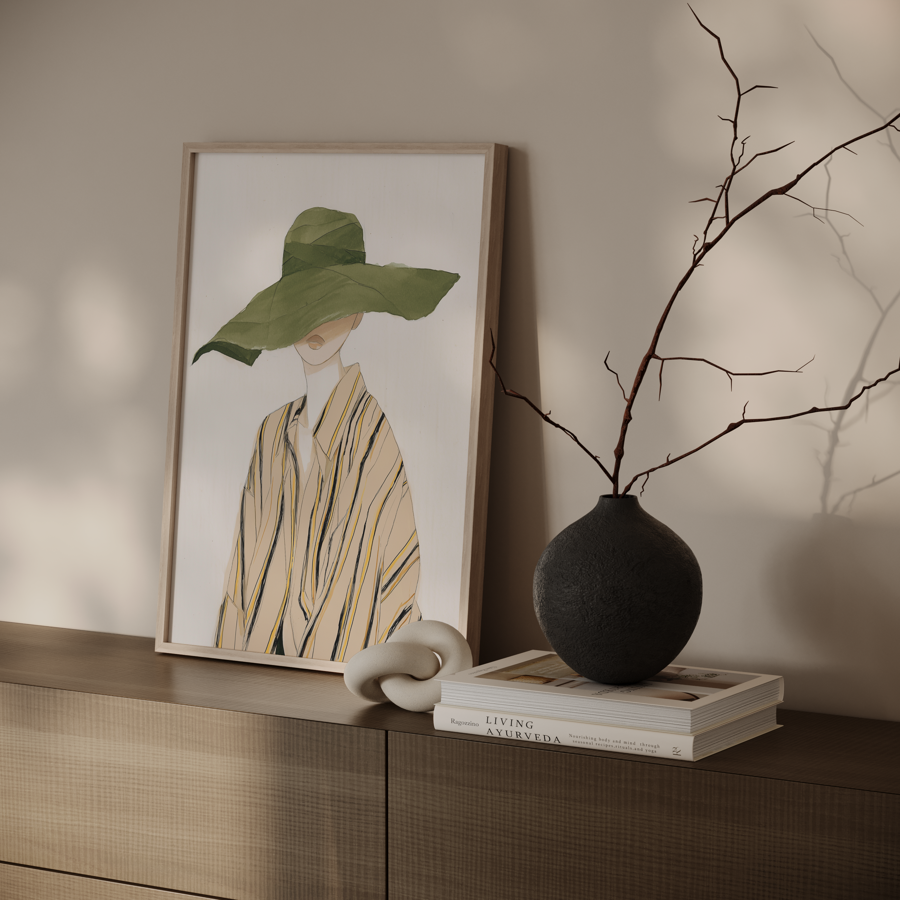 איור נשי אמנותי של דמות בכובע רחב ירוק וחולצה בגוונים טבעיים – יצירה בשם Josette