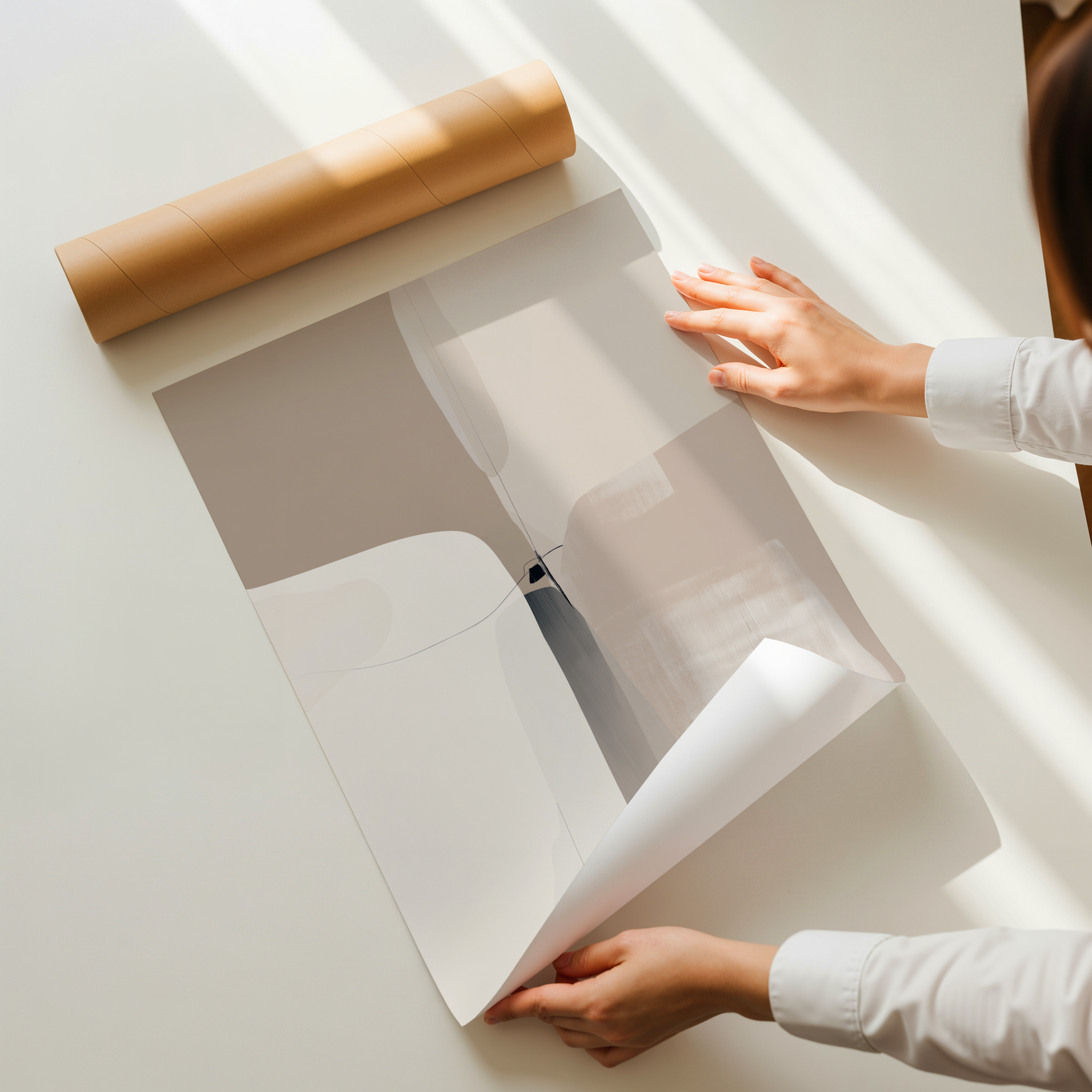 הדפס אמנות מופשט בגווני בז׳ וחול עם קווים רכים – Sorel מאת Trausi+Tosh