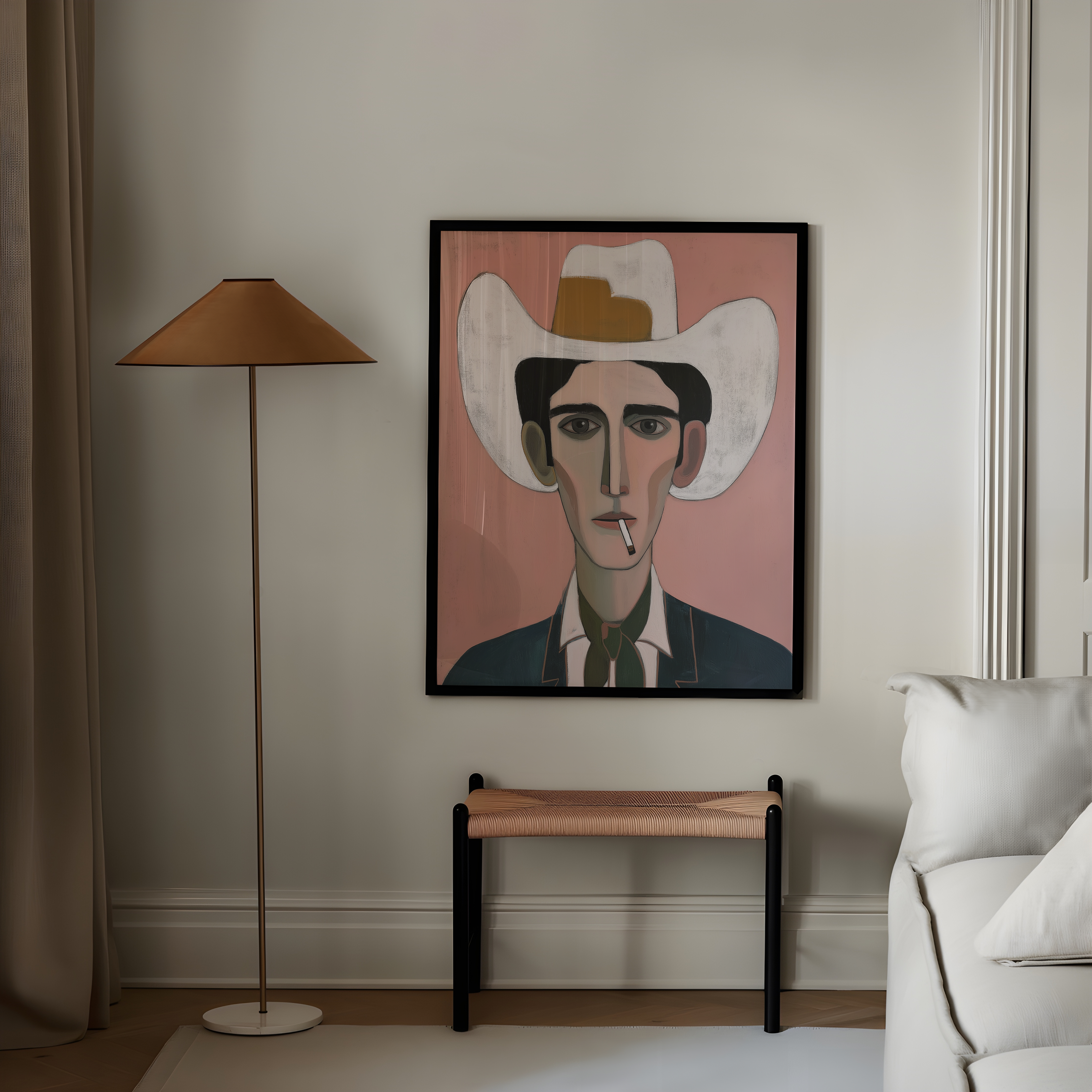 יצירה אמנותית עם דמות גברית מאוירת, כובע רחב, צבעי ורוד וירוק, סגנון מודרני מינימליסטי