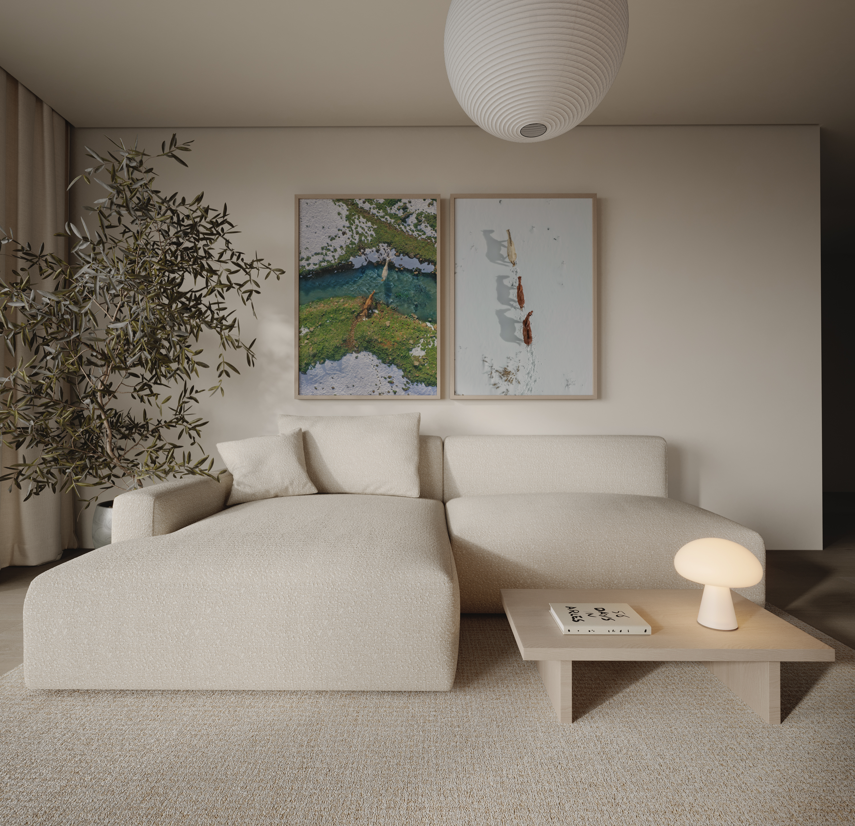 סט צילום אווירי ממוסגר של סוסים במאגר בנטל ומתחת להר חרמון מאת חן כליפה לוי בגווני טבע ירוק, כחול ולבן