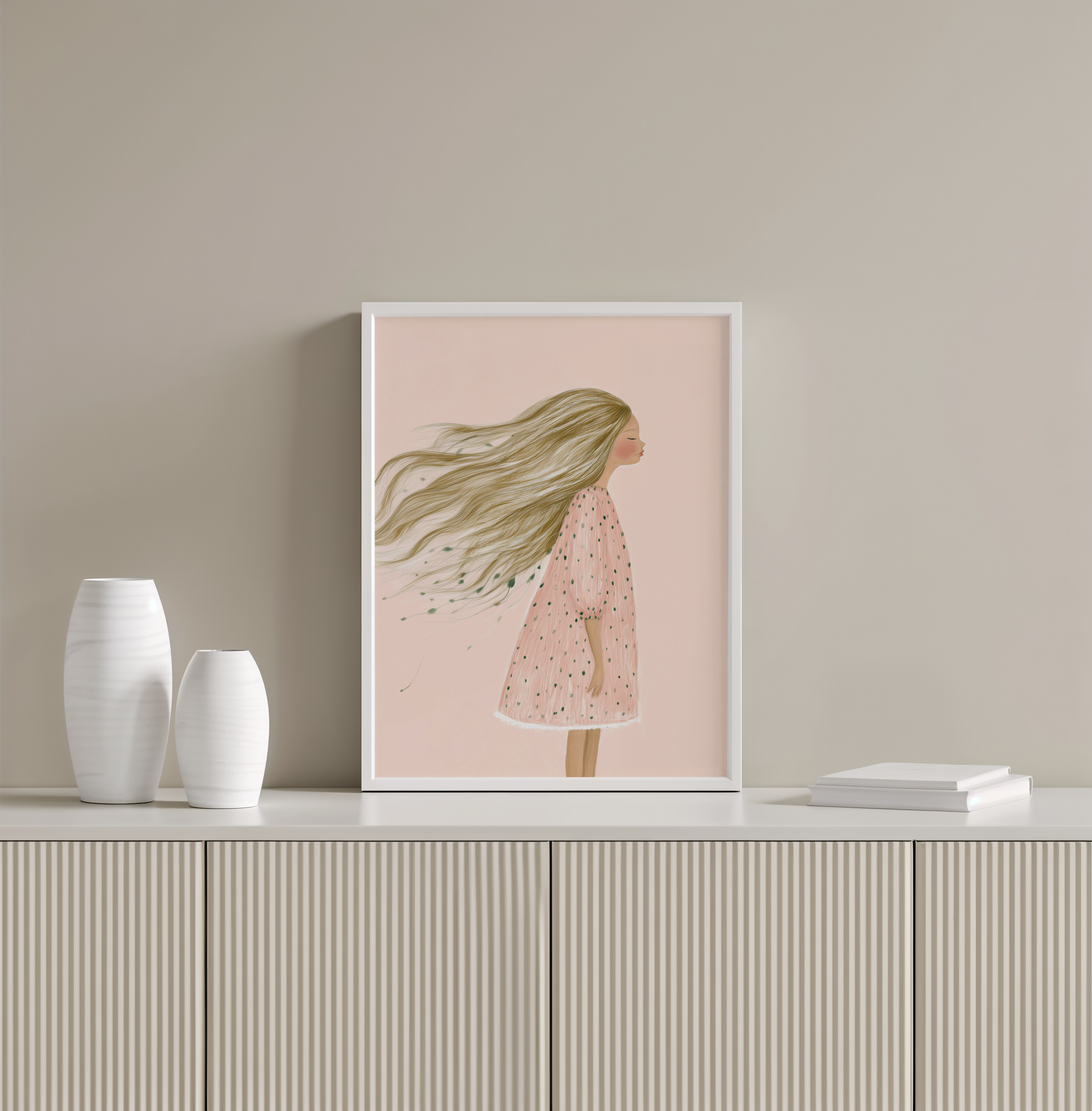 יצירת אמנות של ילדה עם שיער מתנופף ברוח על רקע פסטלי – Lunaria