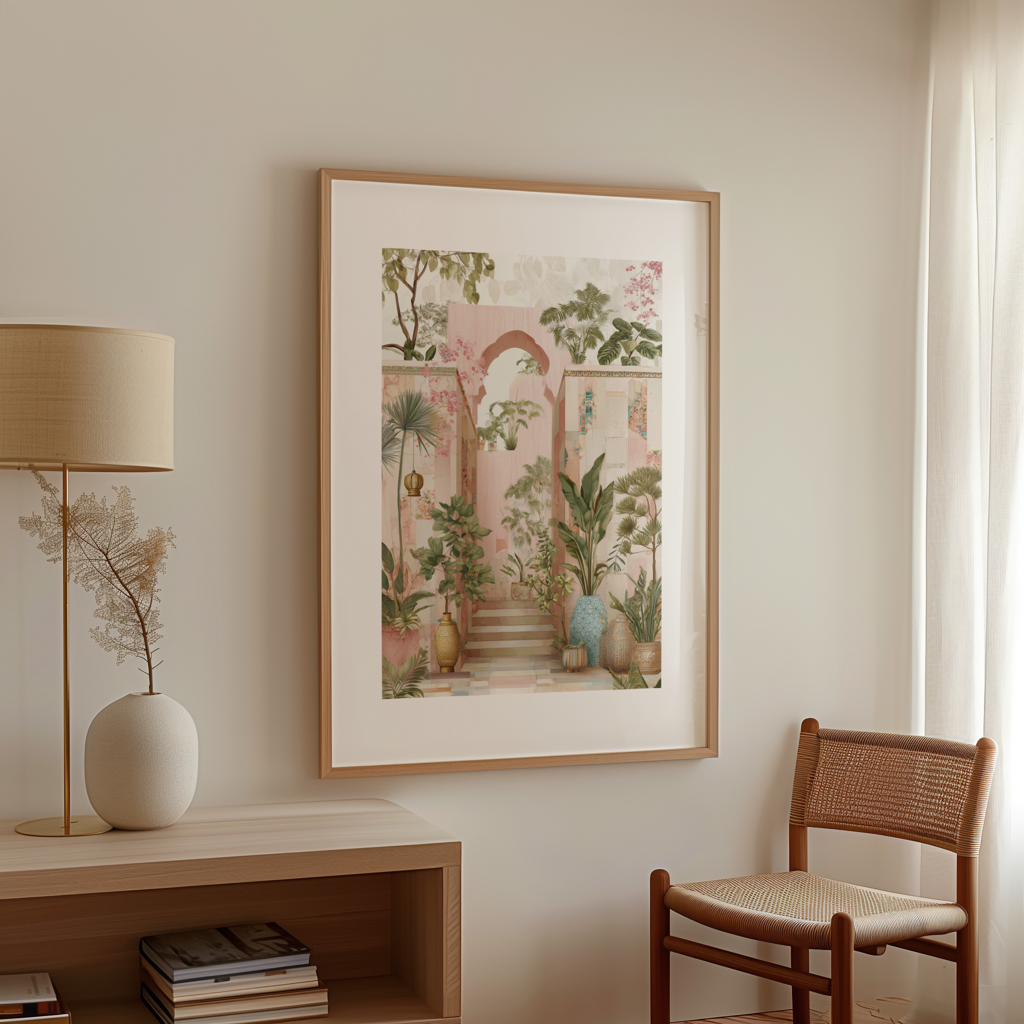 הדפס אמנותי ממוסגר "Villa Rosa" – חצר ורודה עם מדרגות אבן, קשתות וצמחייה טרופית עשירה בסגנון רומנטי ים-תיכוני.