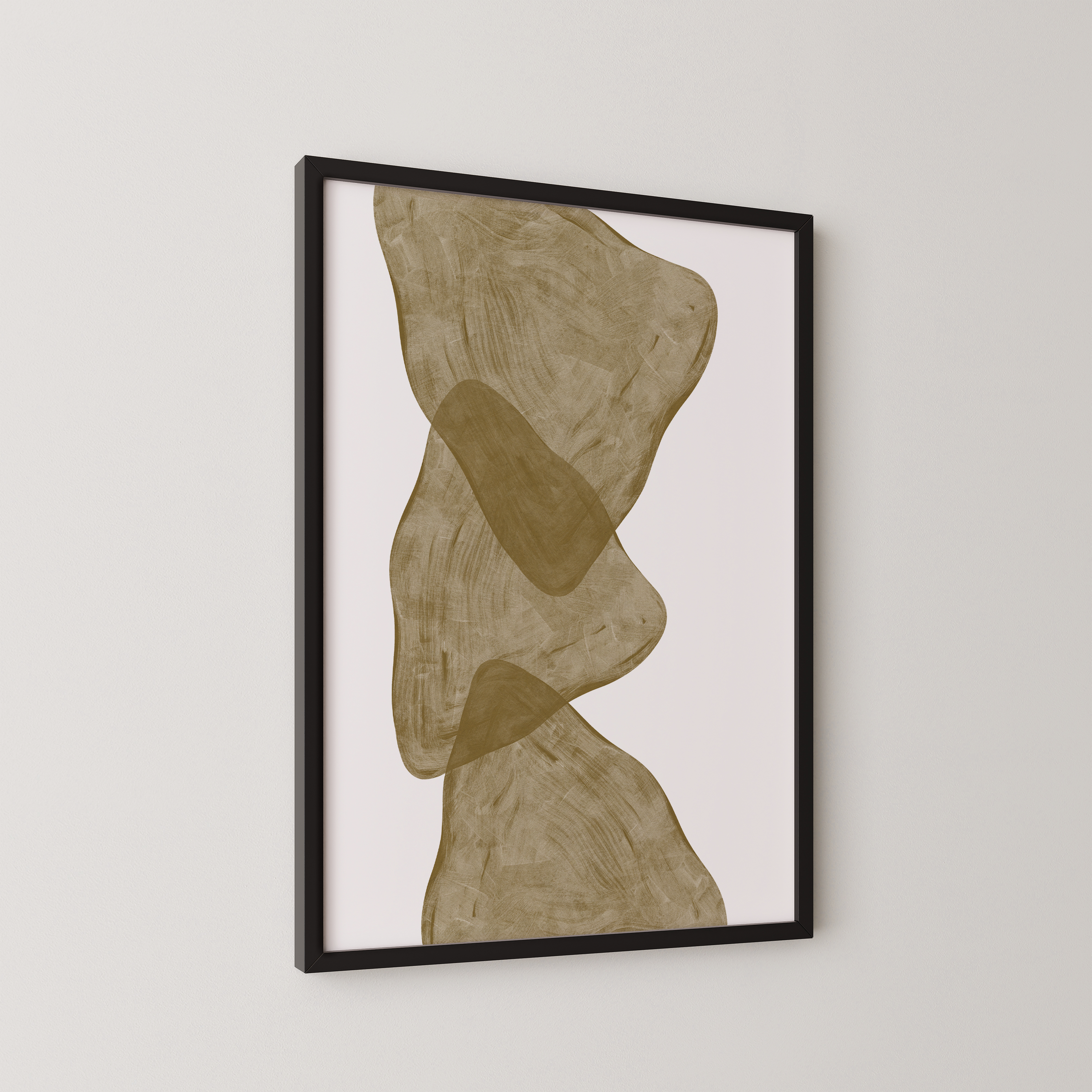 Morane – יצירה מופשטת בגווני זית וחול עם צורות אורגניות אנכיות במסגרת עץ טבעי