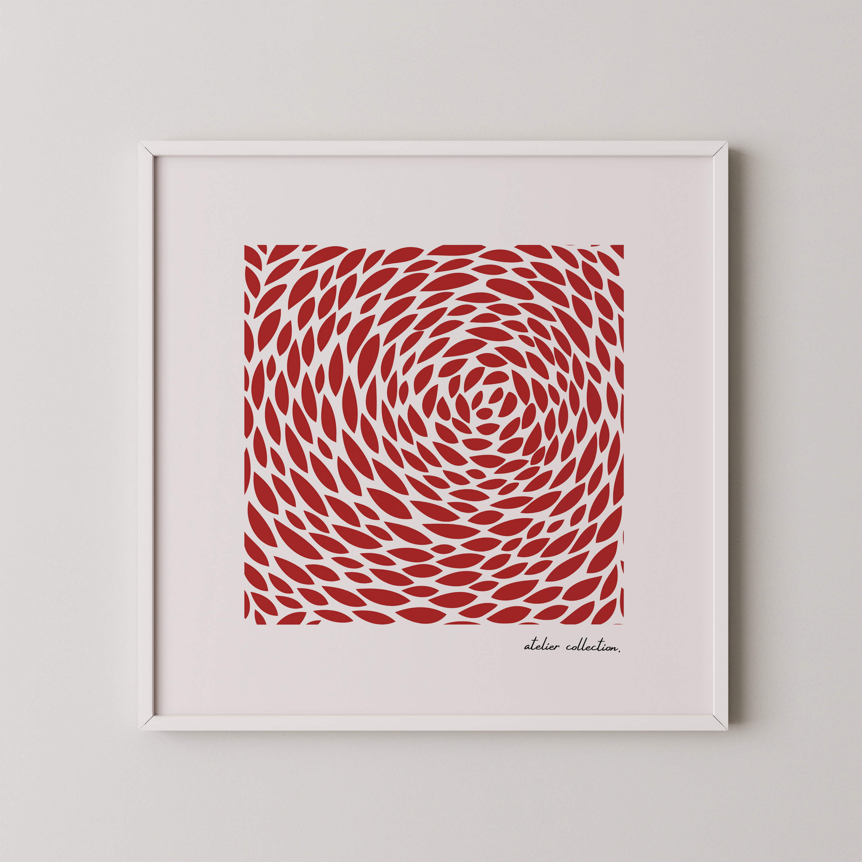 הדפס אמנות גיאומטרי "קאיו" מאת The Left Handed – דפוס דינמי של צורות אדומות יוצרות אפקט תנועה במרכז היצירה, ממוסגר במסגרת עץ טבעית.