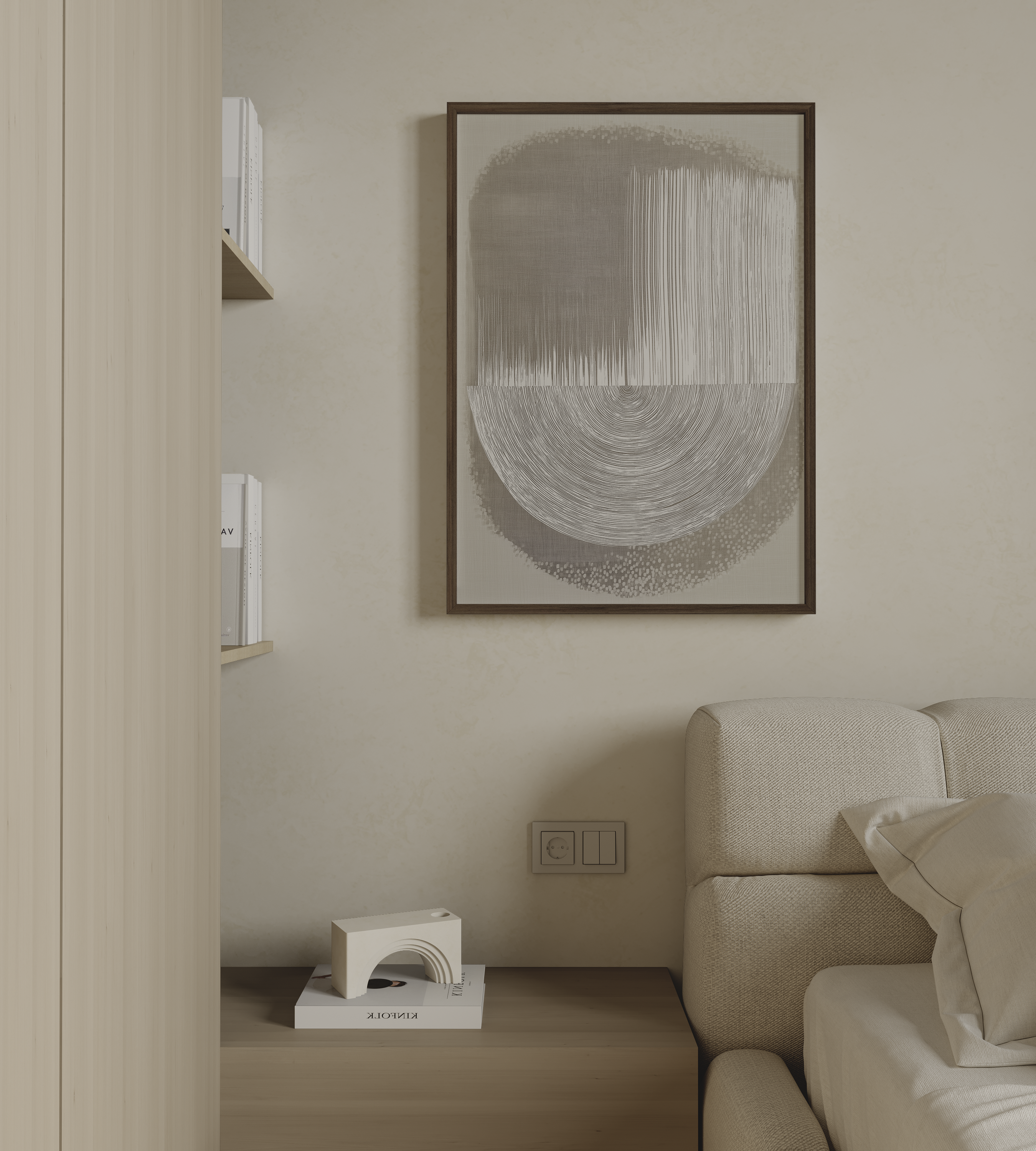 Elvior – יצירת אמנות מופשטת בגווני בז’ ואבן עם חצי מעגל תחתון וטקסטורה אנכית עליונה, ממוסגרת בעץ טבעי