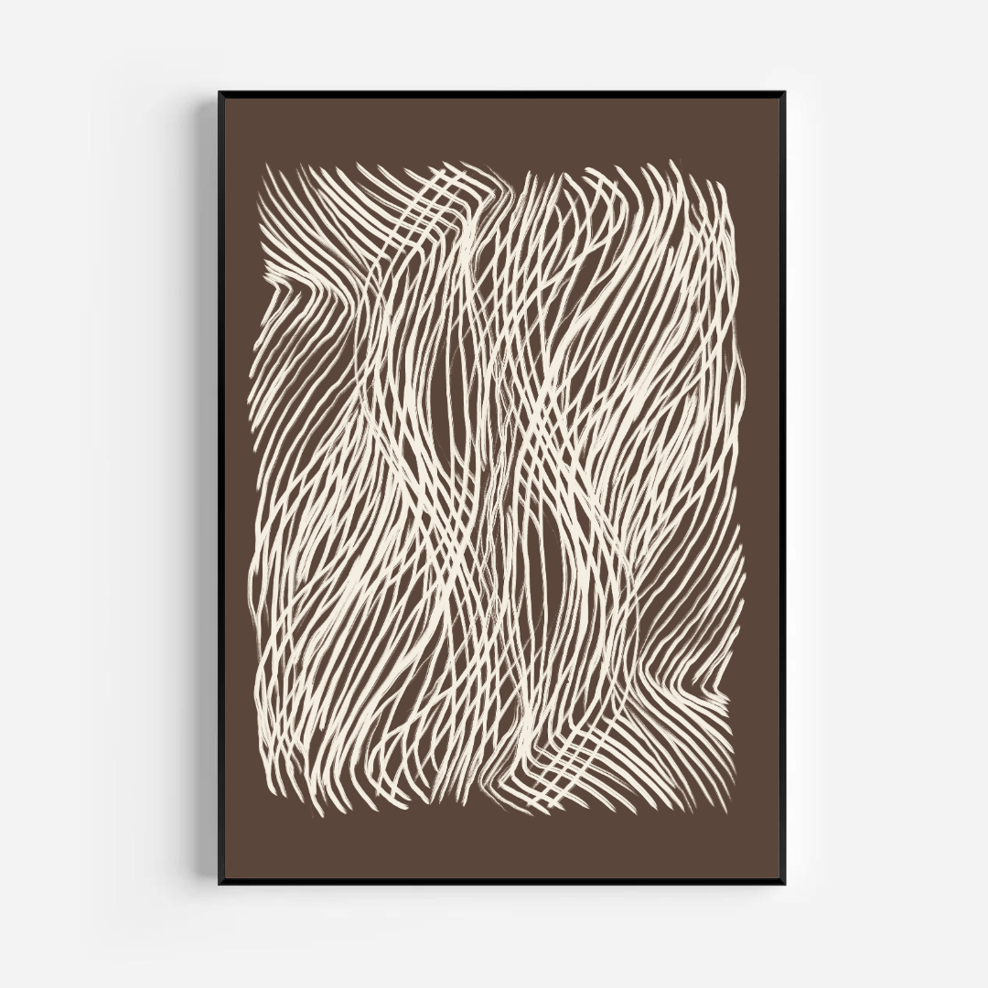 יצירה מודרנית עם קווים לבנים דינמיים על רקע כהה, מושלמת לקישוט חללים מעוצבים כמו סלון, משרד או פינת אוכל.