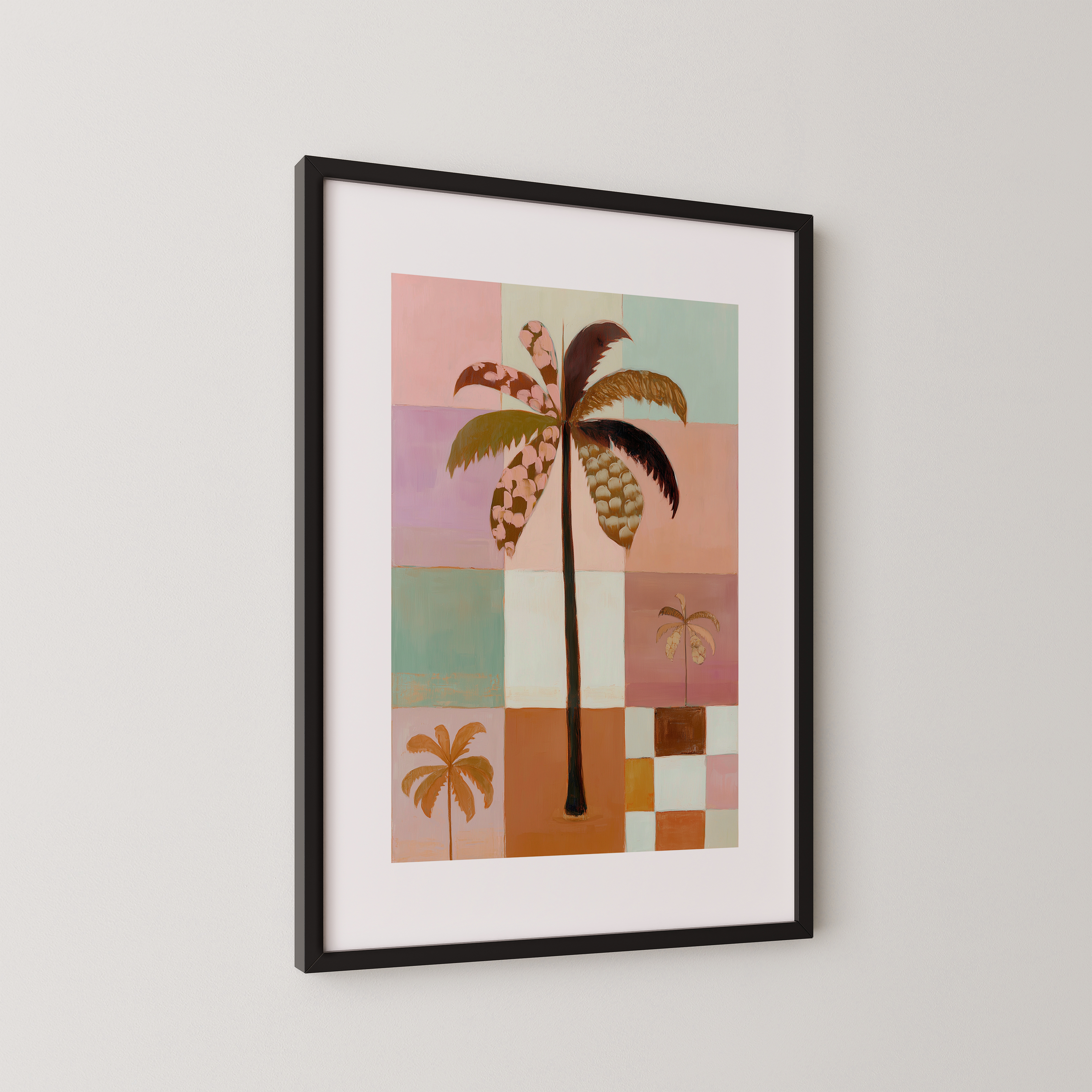 יצירת אמנות ממוסגרת "פאלמה" – איור דקל בסגנון גיאומטרי צבעוני בגווני טרקוטה, ירקרק וורוד.