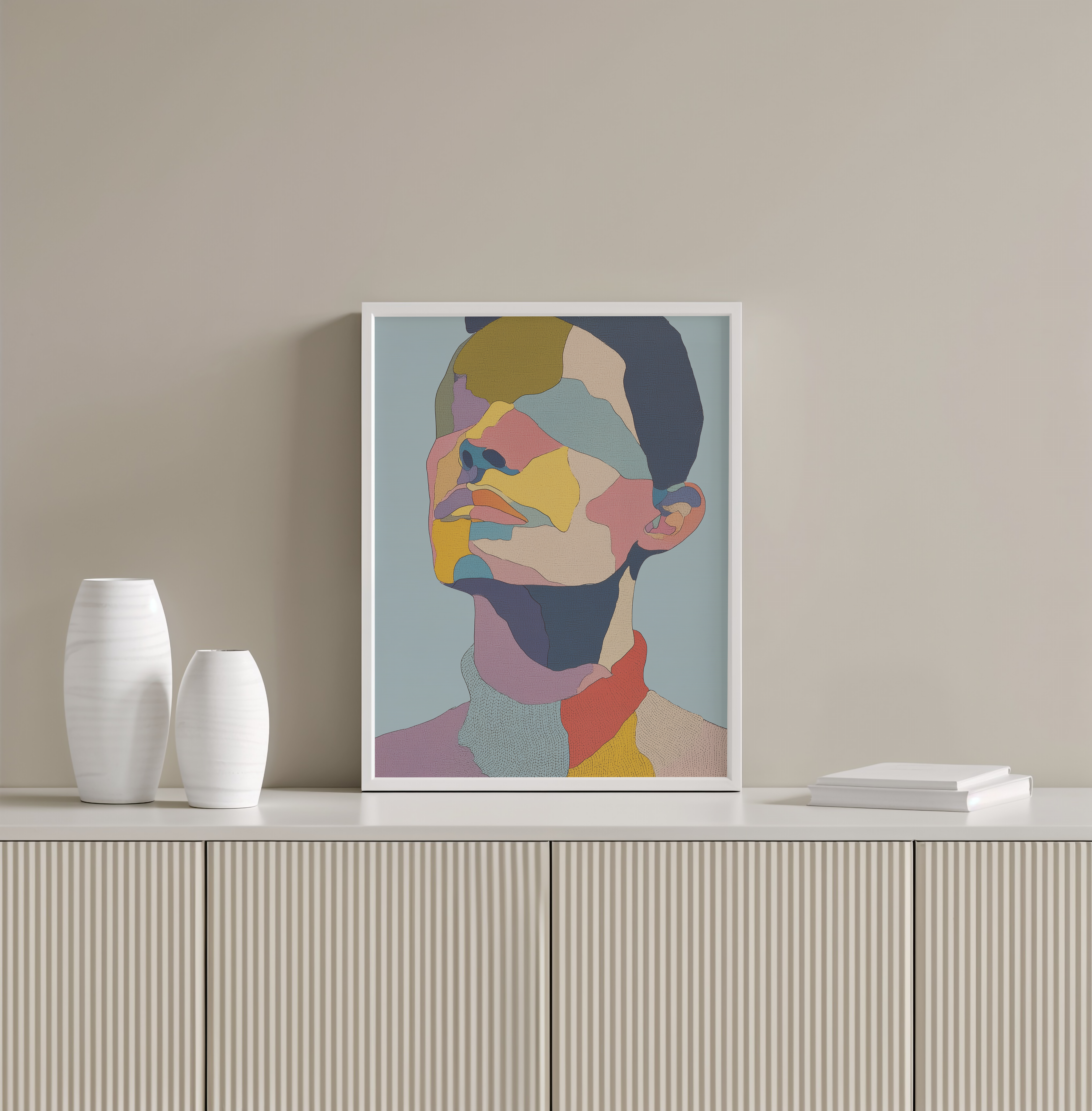 יצירה ממוסגרת Vérin בצבעים מופשטים על רקע תכלת – Trausi+Tosh