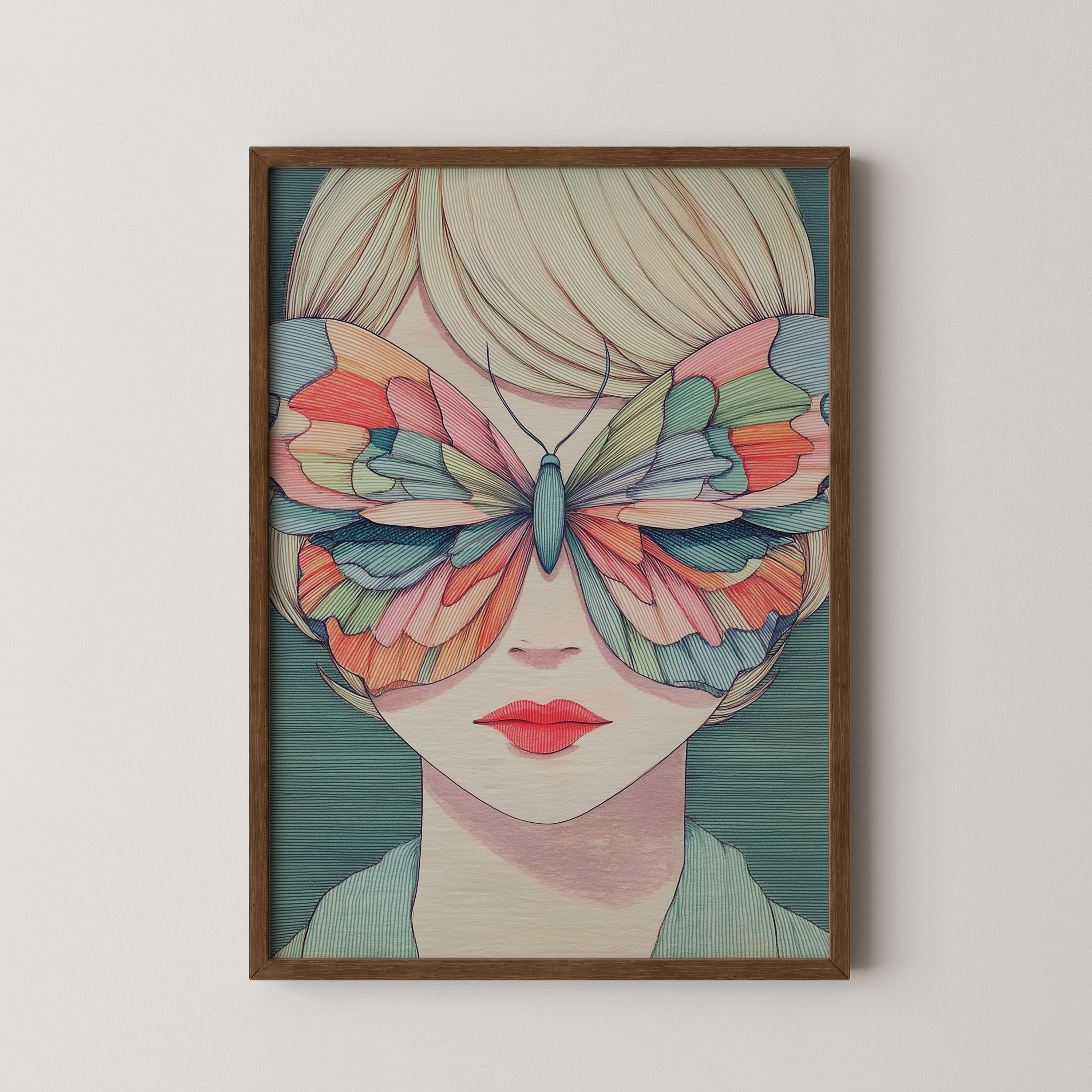 יצירת קיר Papill עם דמות נשית ופרפר צבעוני על הפנים בגוונים רכים