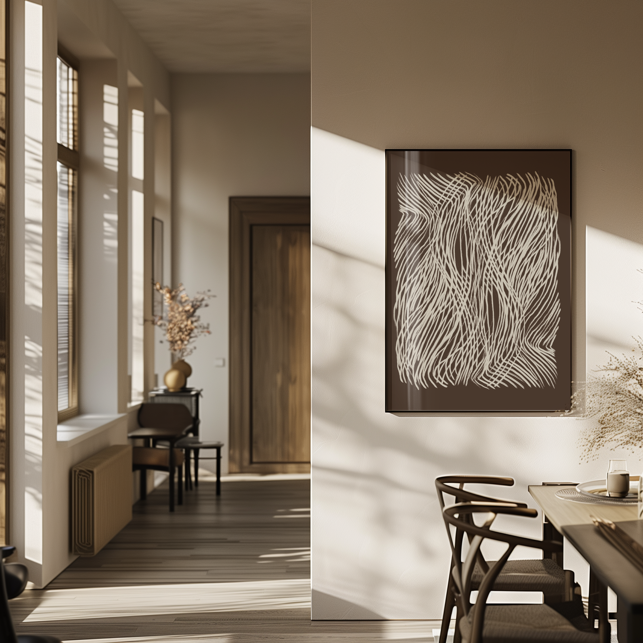 יצירה מודרנית עם קווים לבנים דינמיים על רקע כהה, מושלמת לקישוט חללים מעוצבים כמו סלון, משרד או פינת אוכל.
