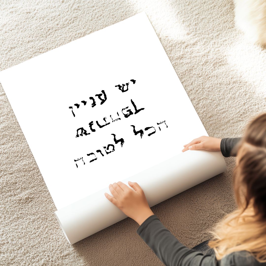 הדפס אמנותי טיפוגרפי עם המשפט "יש עניין שגם הכל לטובה" בכתב ייחודי – מאת the left handed