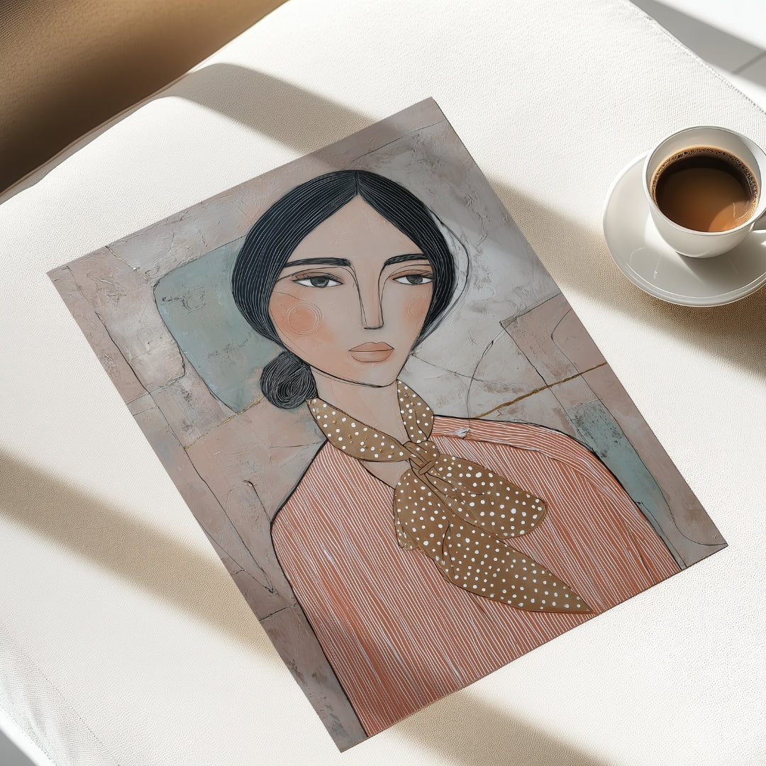הדפס אמנותי של דמות נשית רגועה עם שיער כהה, צעיף מנוקד ופרטי קו עדינים, בגווני בז’, ורוד ואפור – דגם Mirell מבית Trausi+Tosh.