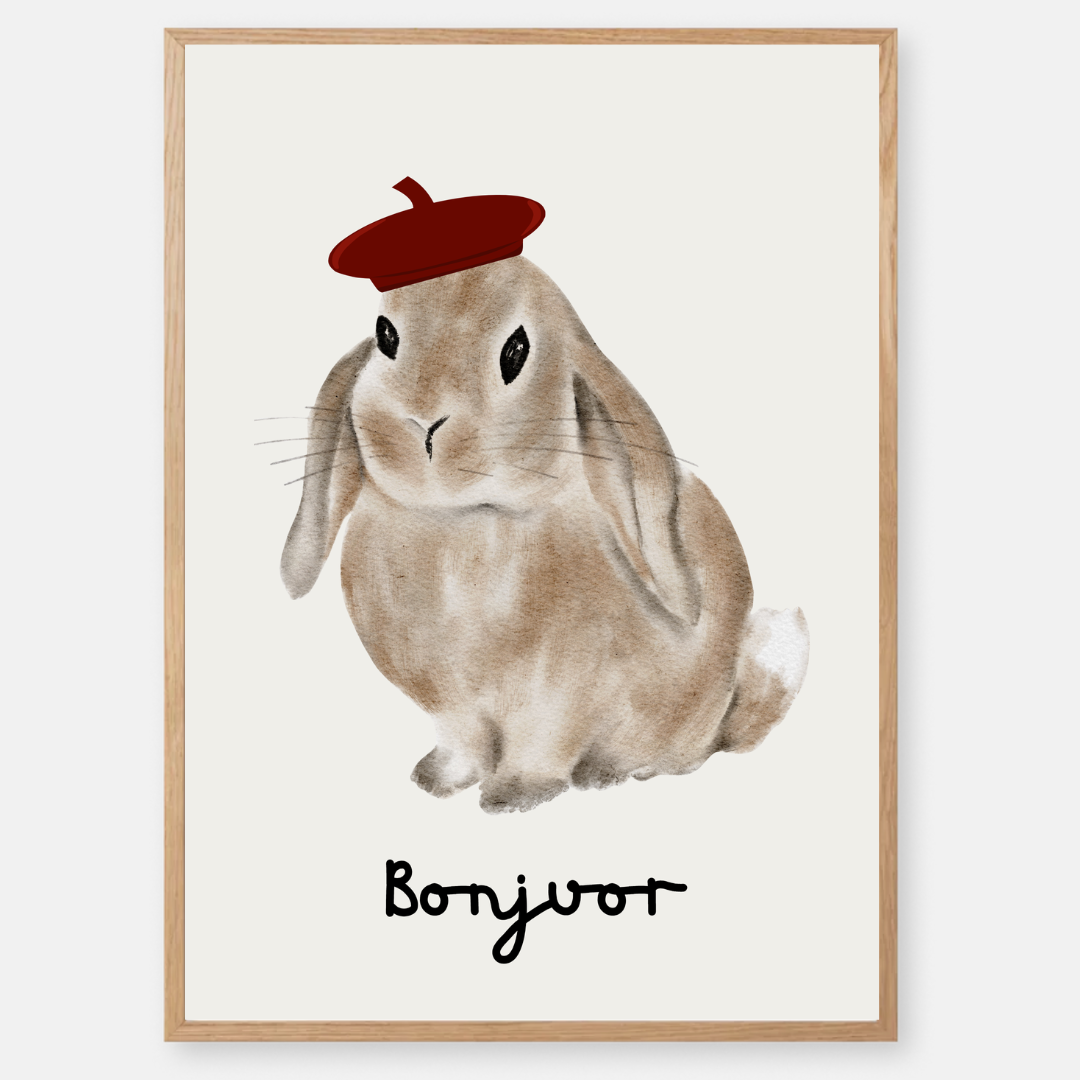איור אמנותי של ארנב עם כובע ברט אדום וכיתוב Bonjour, בעיצוב ייחודי ושיק צרפתי, מתאים לחדרי ילדים או פינות עבודה.
