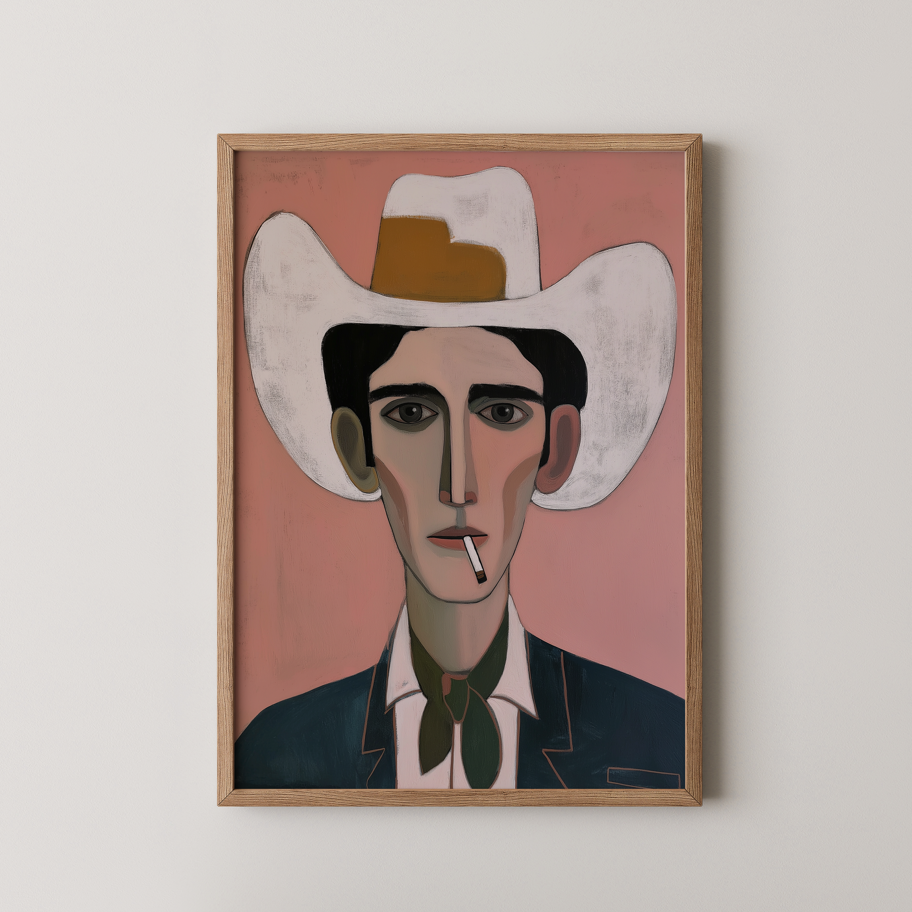 יצירה אמנותית עם דמות גברית מאוירת, כובע רחב, צבעי ורוד וירוק, סגנון מודרני מינימליסטי