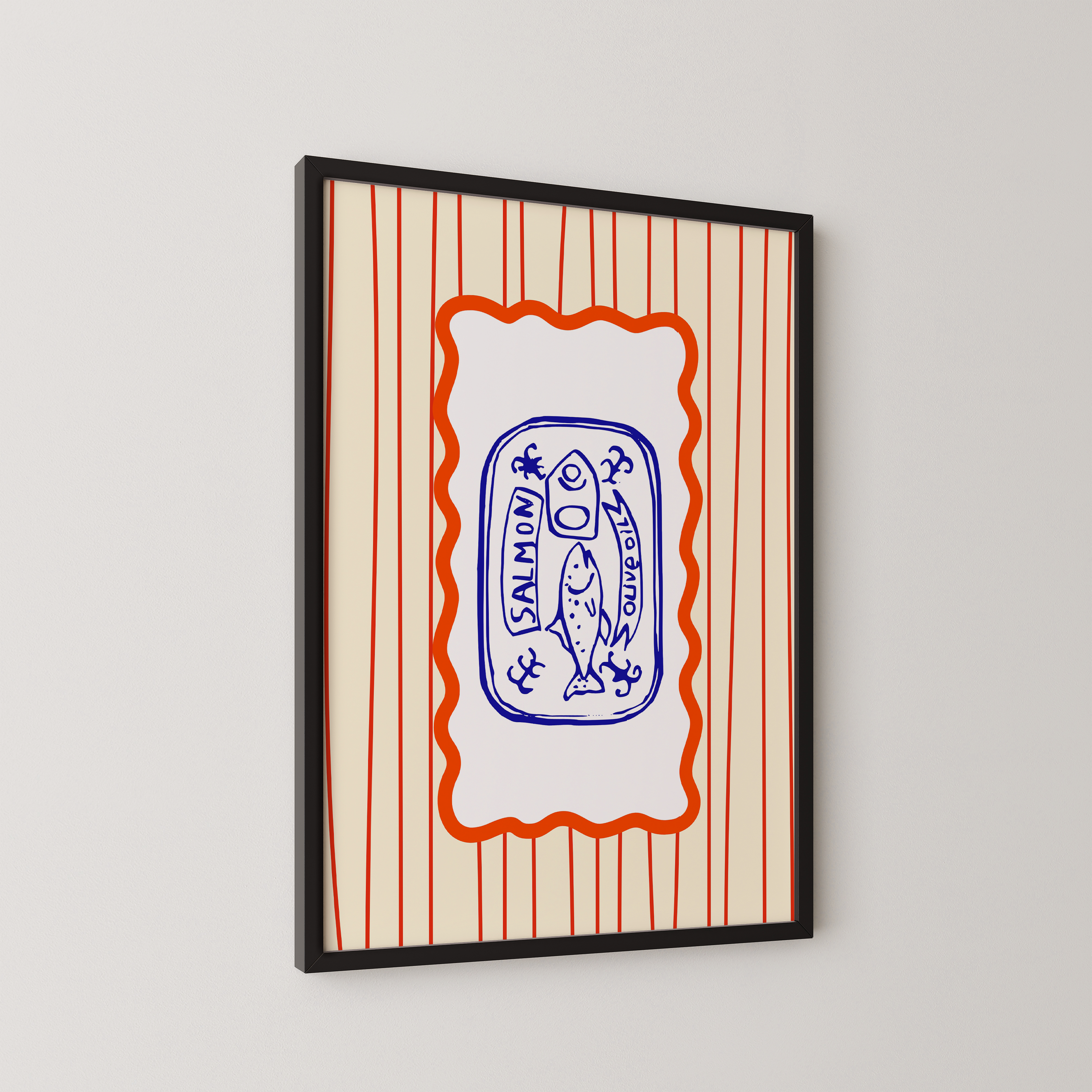 Colorful print of a stylized sardine can with a salmon illustration, blue and red graphic lines by The Left Handed.