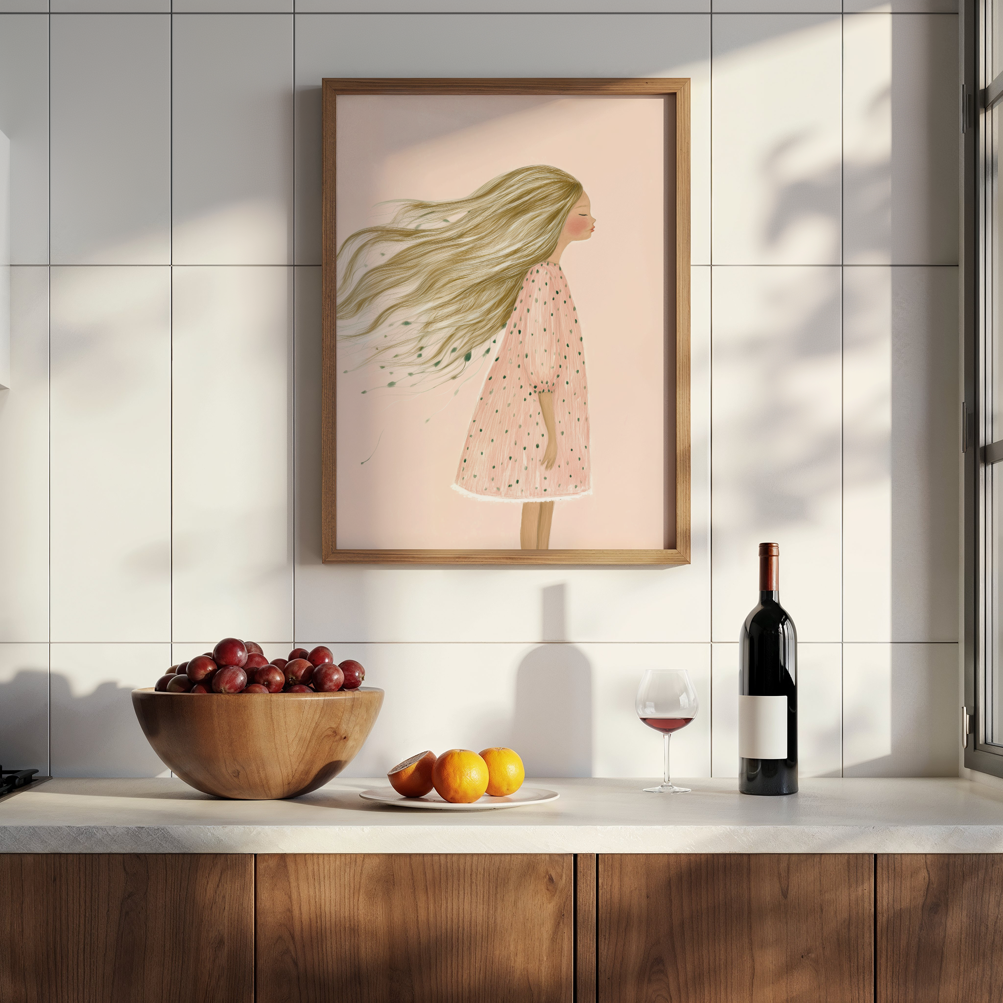 יצירת אמנות של ילדה עם שיער מתנופף ברוח על רקע פסטלי – Lunaria