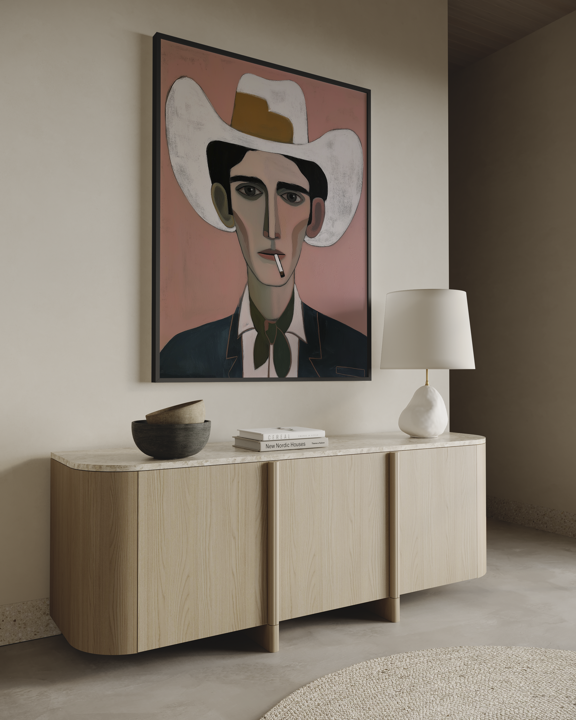 יצירה אמנותית עם דמות גברית מאוירת, כובע רחב, צבעי ורוד וירוק, סגנון מודרני מינימליסטי