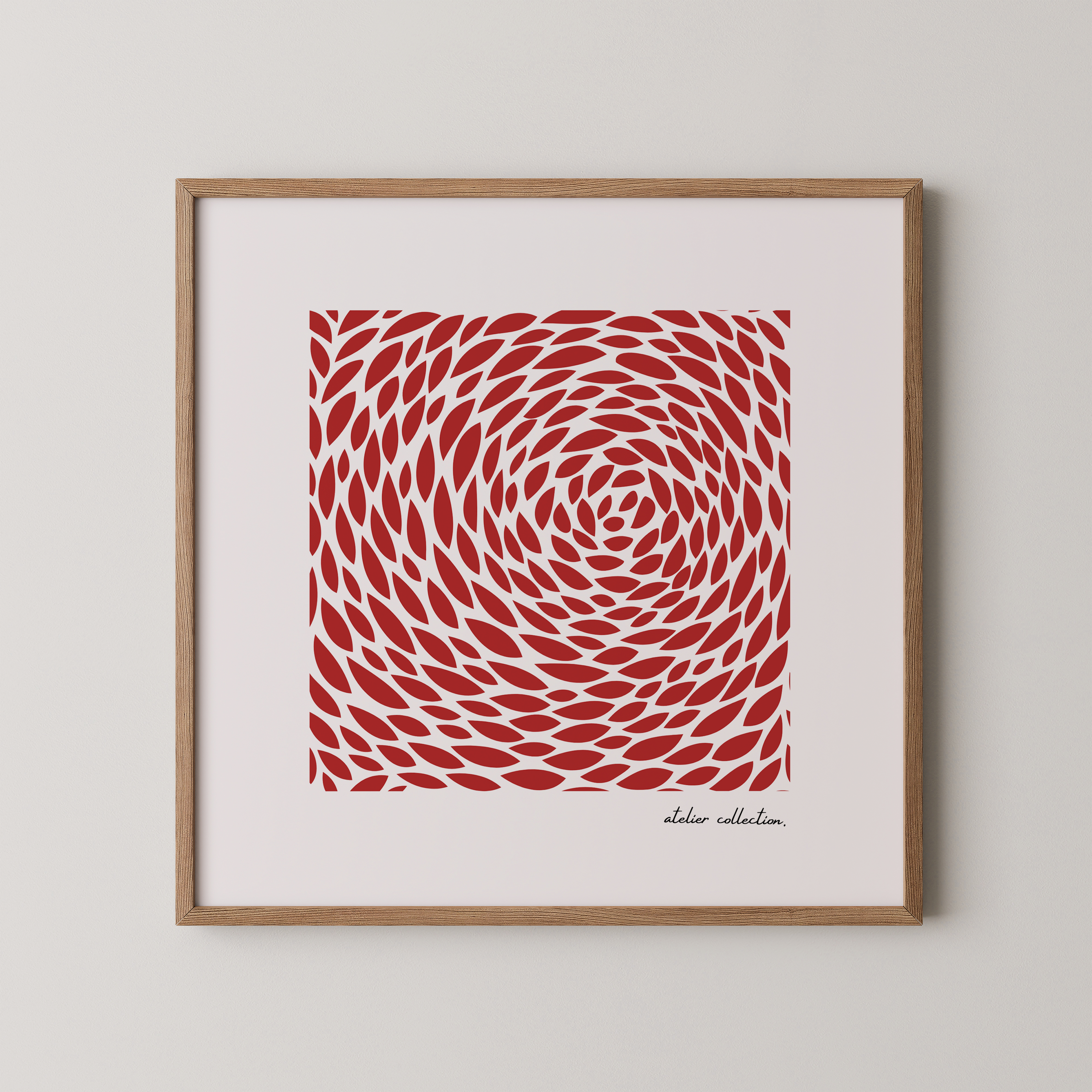 הדפס אמנות גיאומטרי "קאיו" מאת The Left Handed – דפוס דינמי של צורות אדומות יוצרות אפקט תנועה במרכז היצירה, ממוסגר במסגרת עץ טבעית.