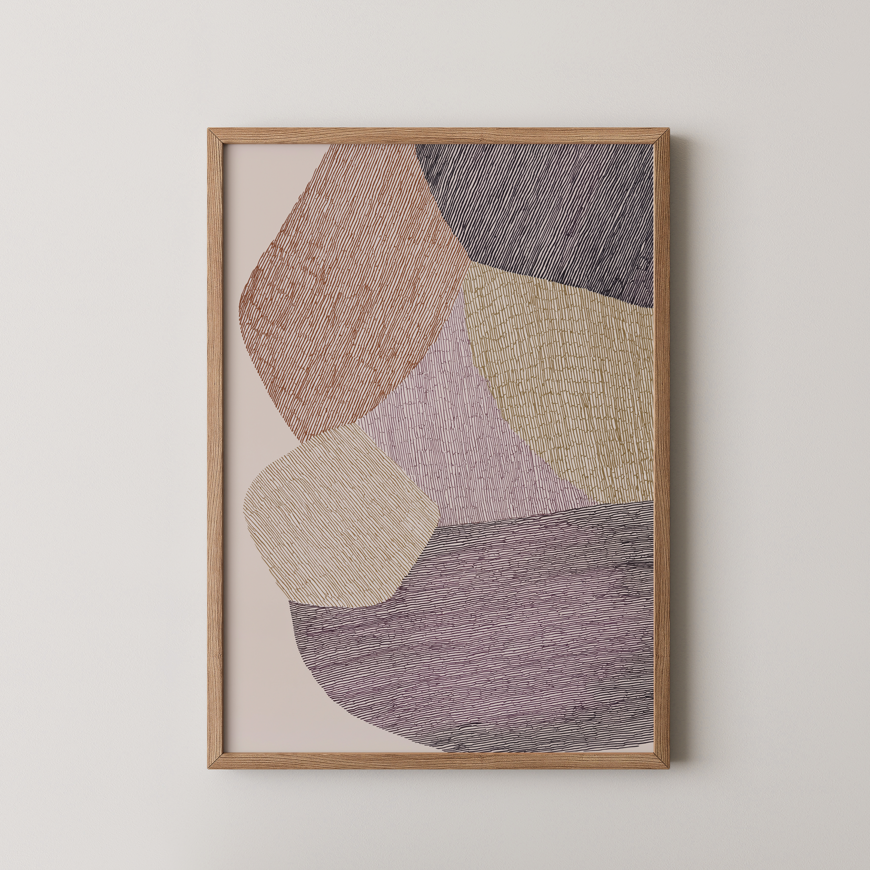 יצירת אמנות מופשטת Arden בגווני אדמה עם צורות אורגניות וטקסטורות קוויות במסגרת עץ טבעי
