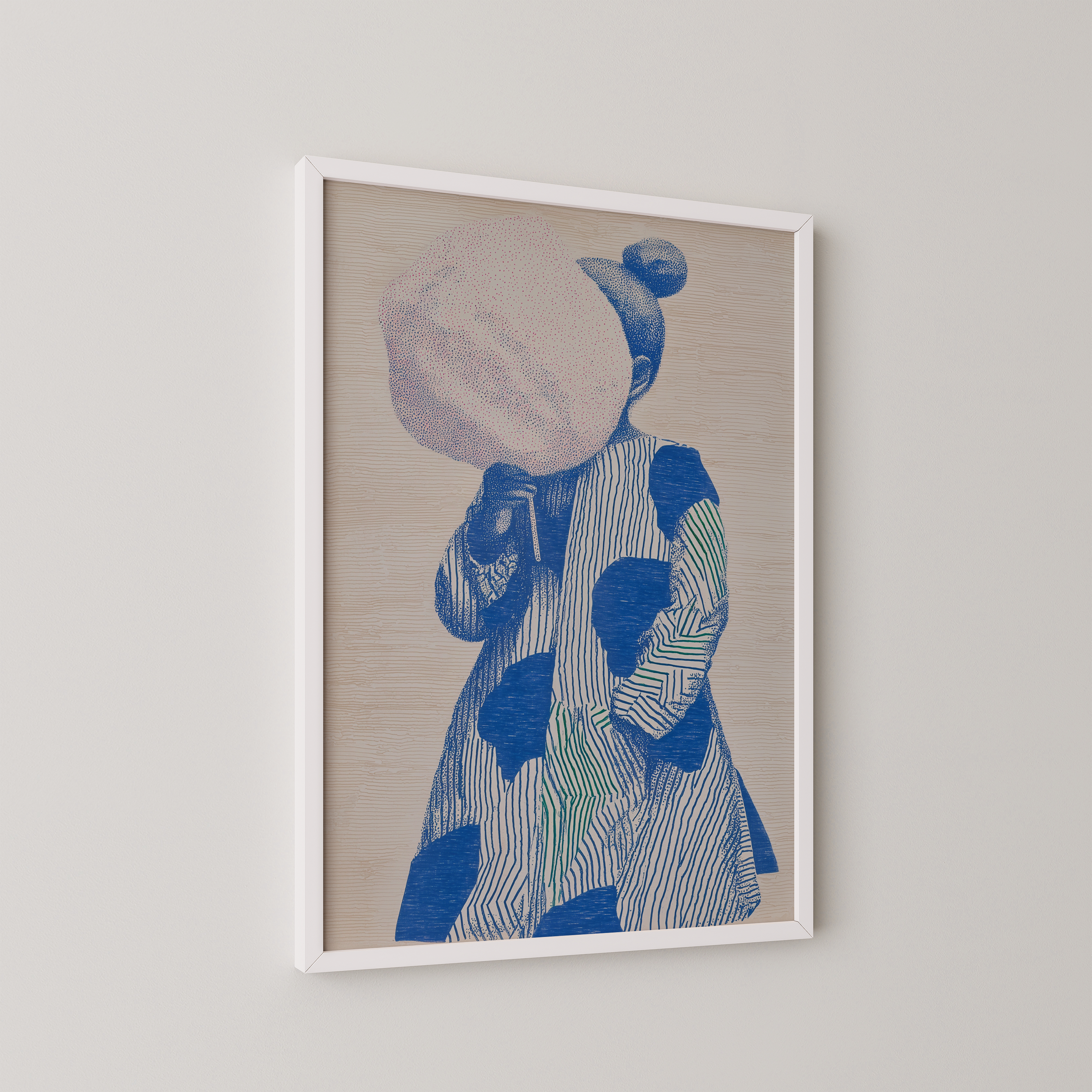 Miette – יצירה ממוסגרת של דמות כחולה עם ממתק ורוד