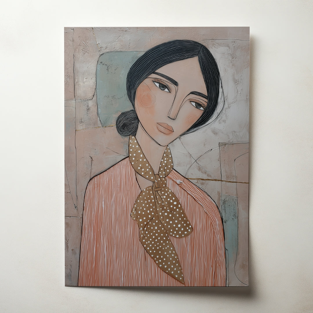 הדפס אמנותי של דמות נשית רגועה עם שיער כהה, צעיף מנוקד ופרטי קו עדינים, בגווני בז’, ורוד ואפור – דגם Mirell מבית Trausi+Tosh.