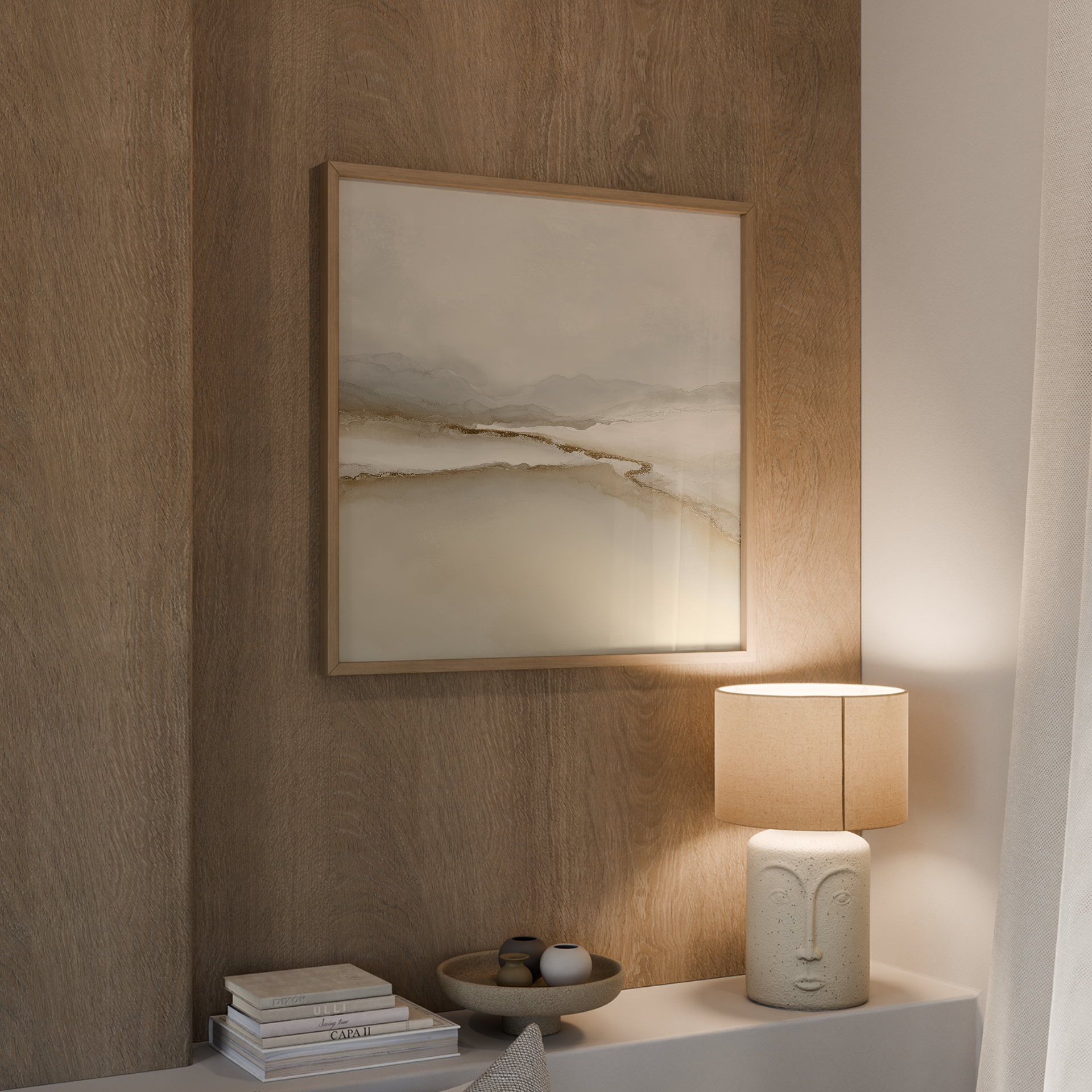 Selmora – יצירת אמנות מופשטת בגווני חול ואבן עם תנועה אופקית מינרלית, במסגרת עץ טבעי