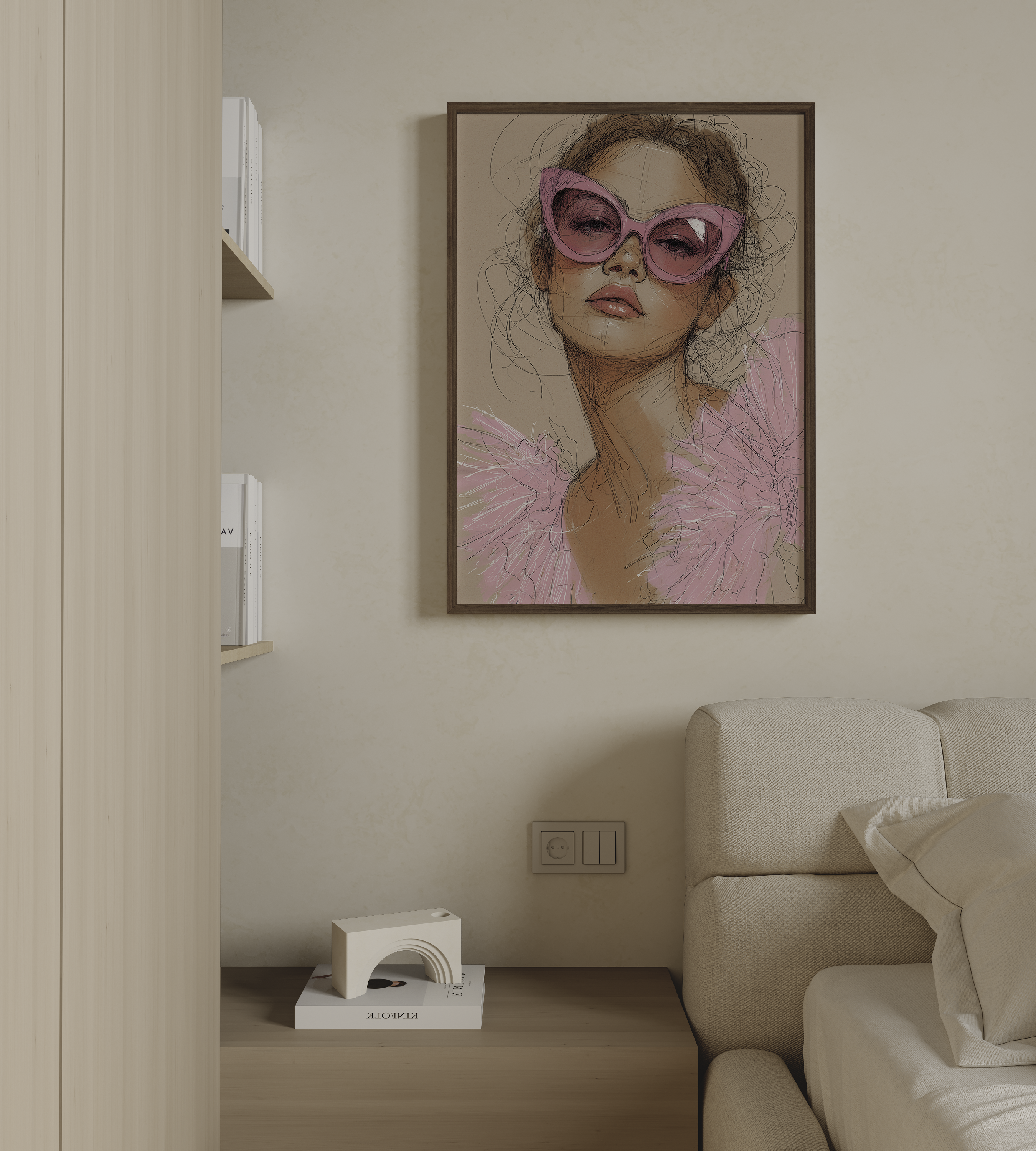 יצירת אמנות Émilie – איור נשי מודרני עם משקפי שמש ורודים, קווים חופשיים וסגנון רך ואלגנטי