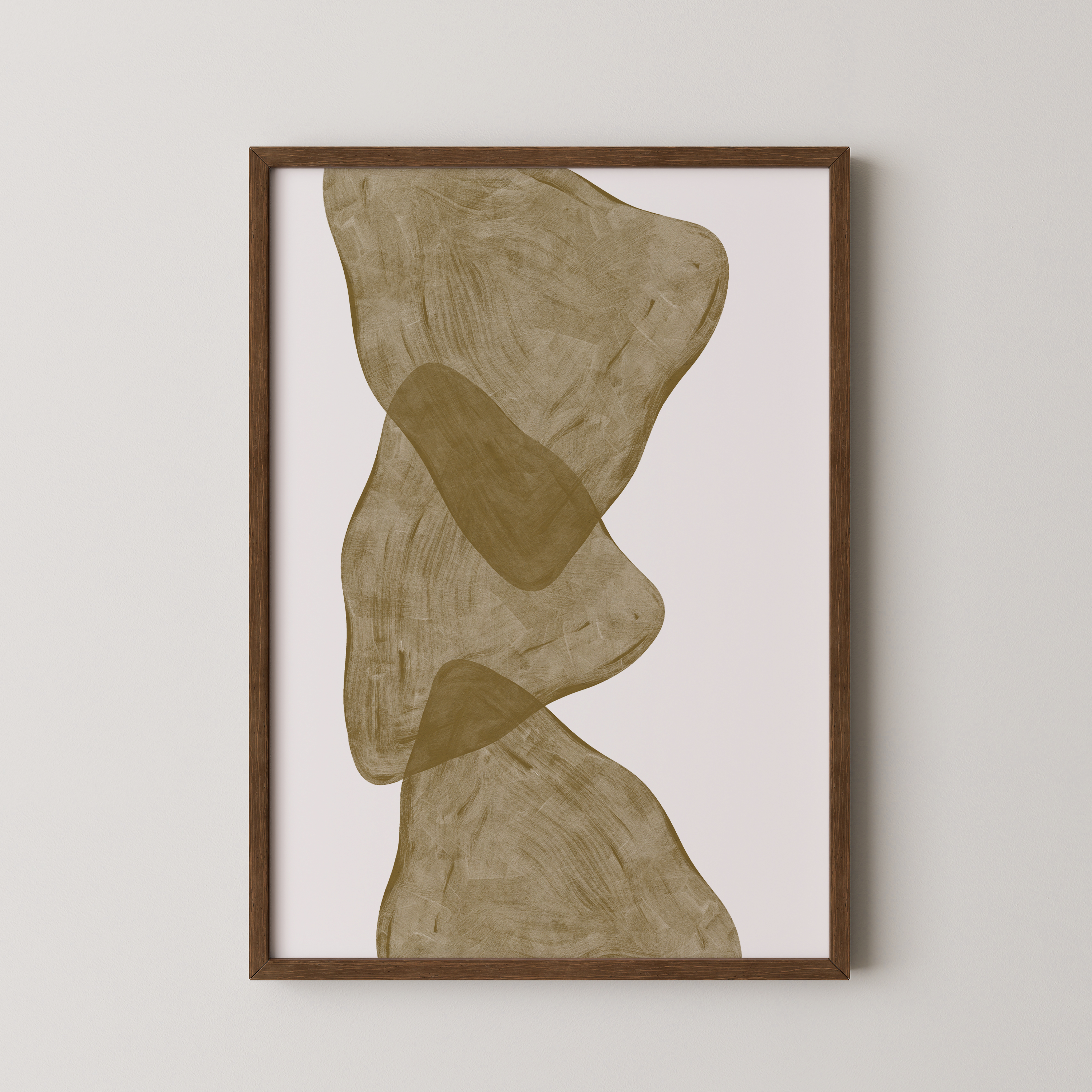Morane – יצירה מופשטת בגווני זית וחול עם צורות אורגניות אנכיות במסגרת עץ טבעי