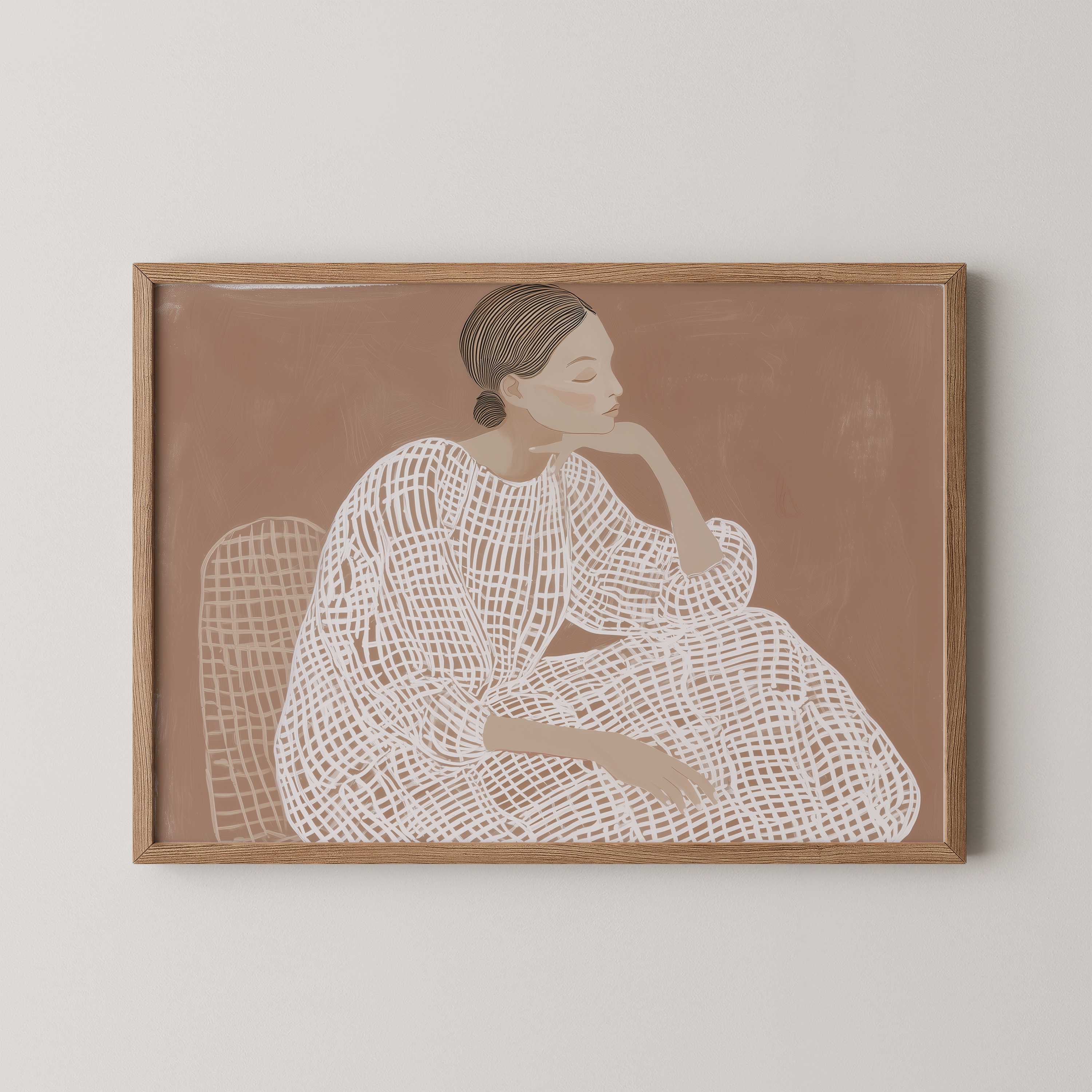ציור מינימליסטי של דמות נשית יושבת על רקע חום, בקווים לבנים ידניים – Olnari