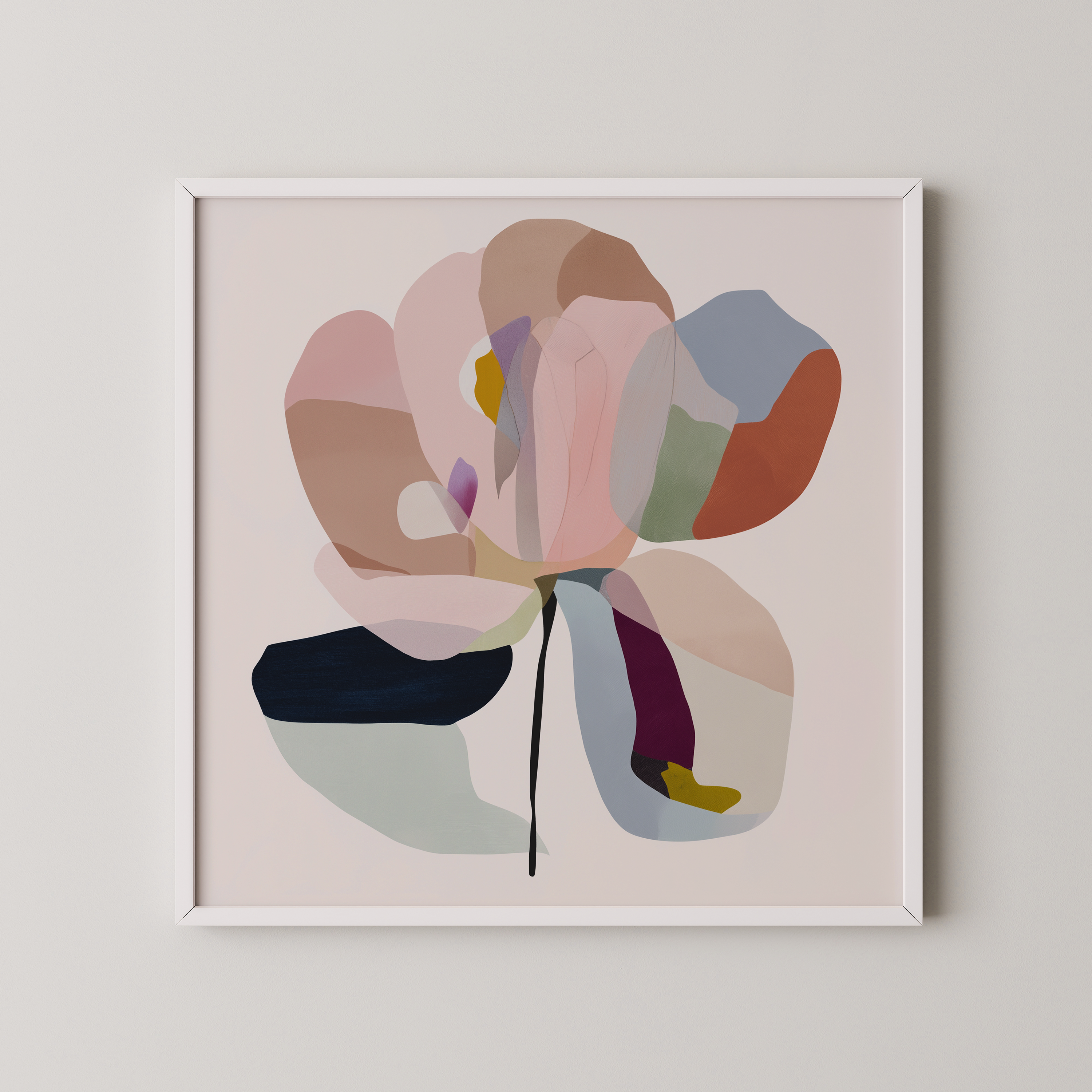 יצירה ממוסגרת Velia בסגנון מופשט, בגוונים טבעיים ורכים, תלויה בחלל שקט ומודרני